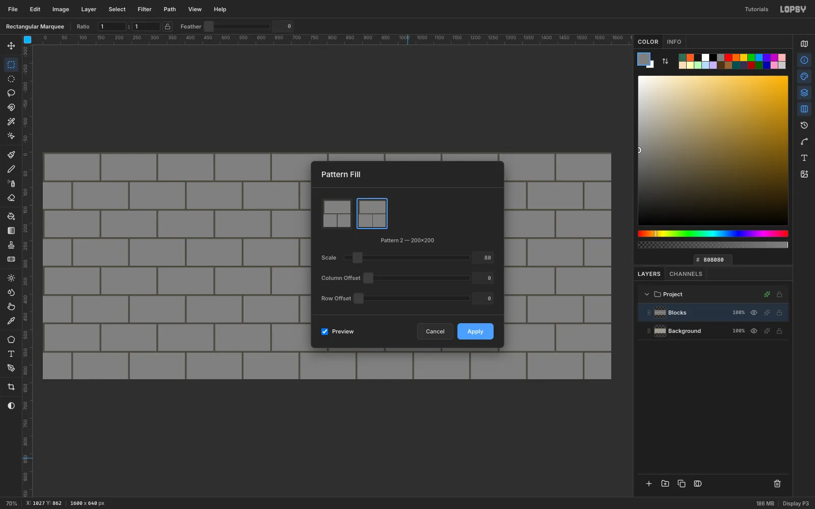 The Pattern Fill dialog at Scale 80 previewing a regular running-bond block wall across the whole canvas
