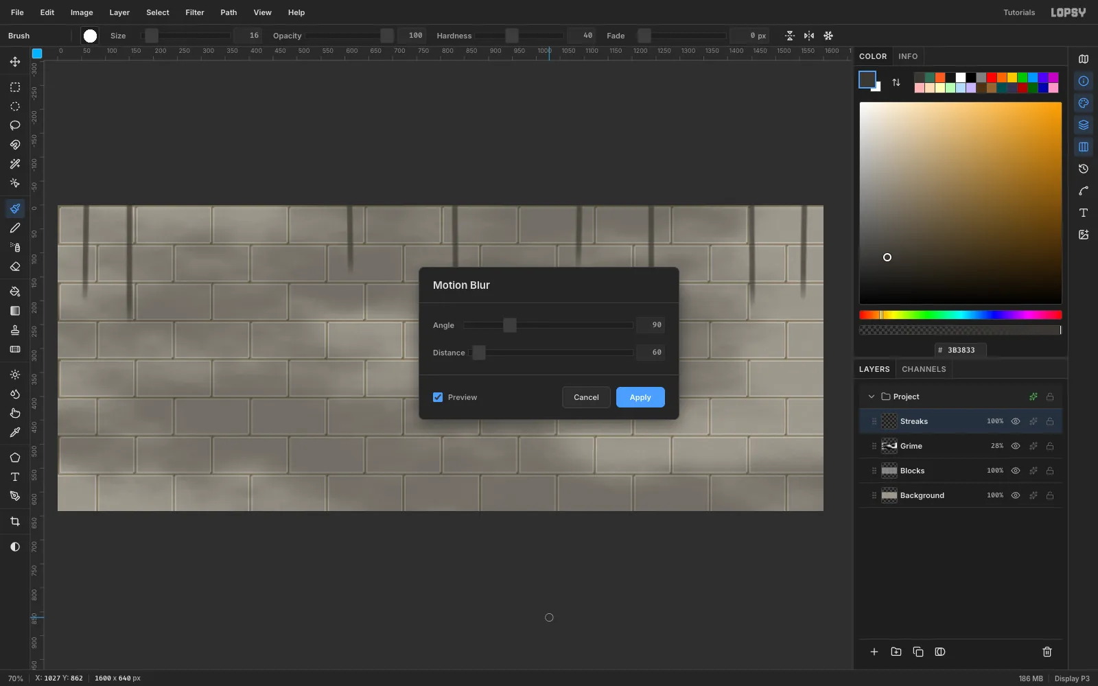 The Motion Blur dialog at Angle 90 and Distance 60 softening dark vertical rain streaks that run down from the top of the wall