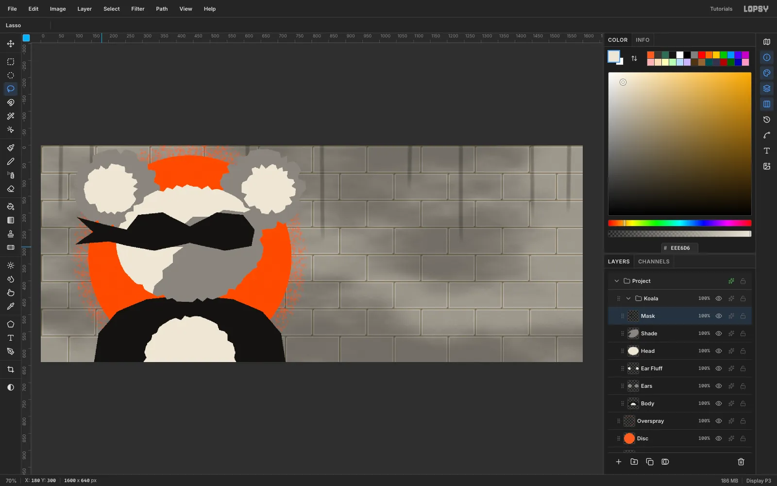 A black bandit mask across the koala's eyes with V-shaped angry brows and two tails flying out to the left