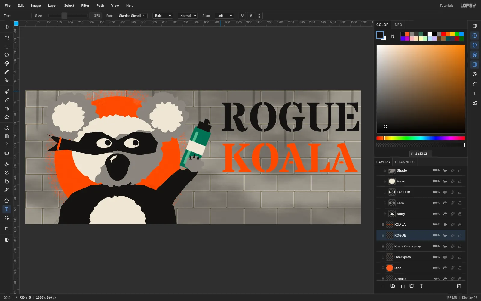 ROGUE in black and KOALA in orange, set in bold Stardos Stencil on the right side of the wall