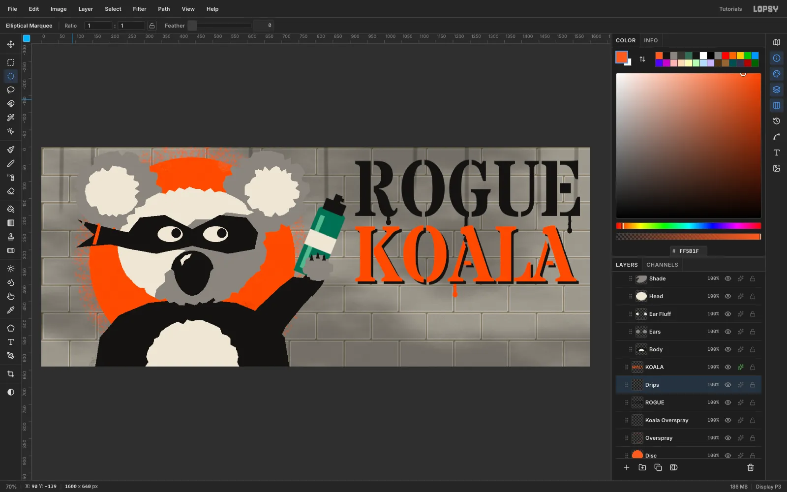 KOALA with a hard black offset shadow, and thin black paint drips with round beads running down from ROGUE