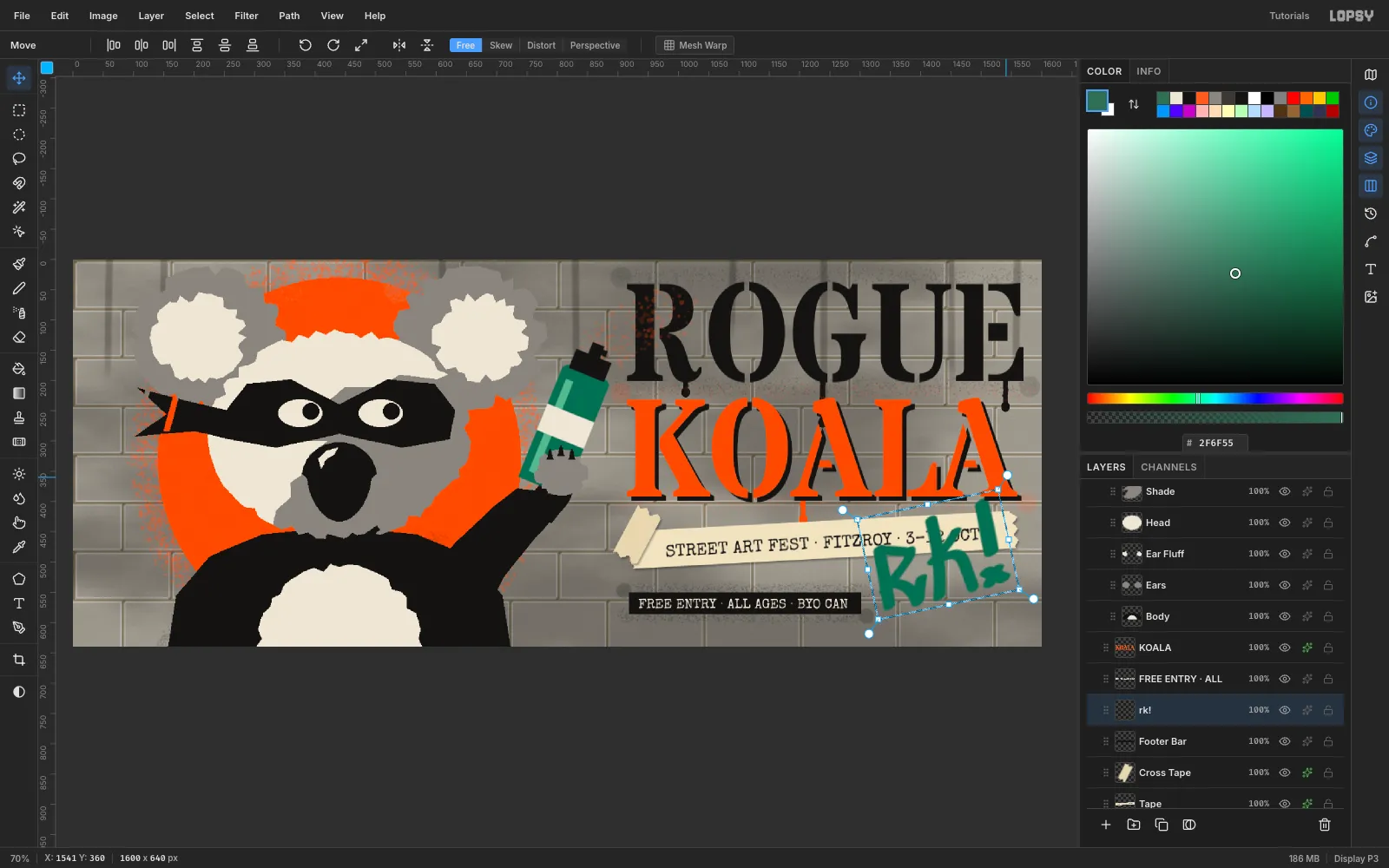A big green rk! tag in a graffiti hand, scaled up and being rotated counter-clockwise over the right end of the tape