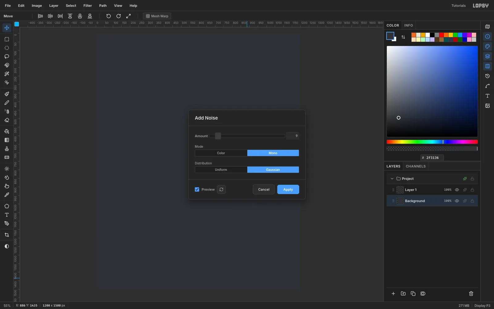 The Add Noise dialog set to Mono, Gaussian, Amount 9 over a charcoal 1200 by 1500 document