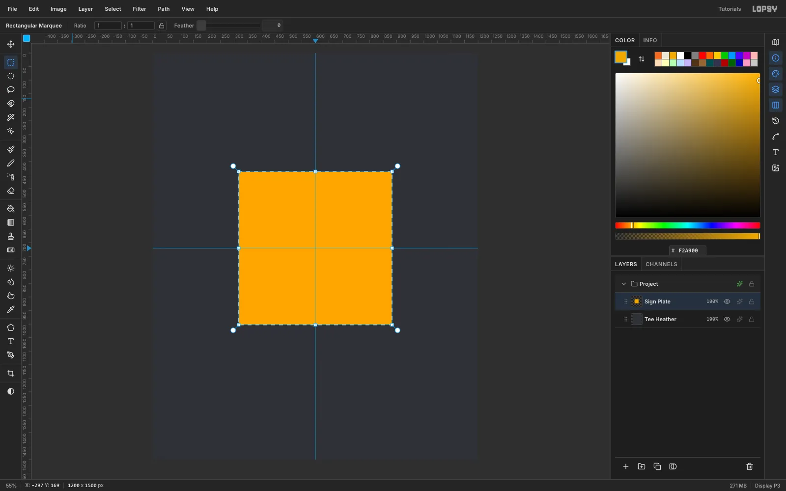 An amber 566 pixel square selected in the middle of the canvas with a vertical and a horizontal guide crossing at its center