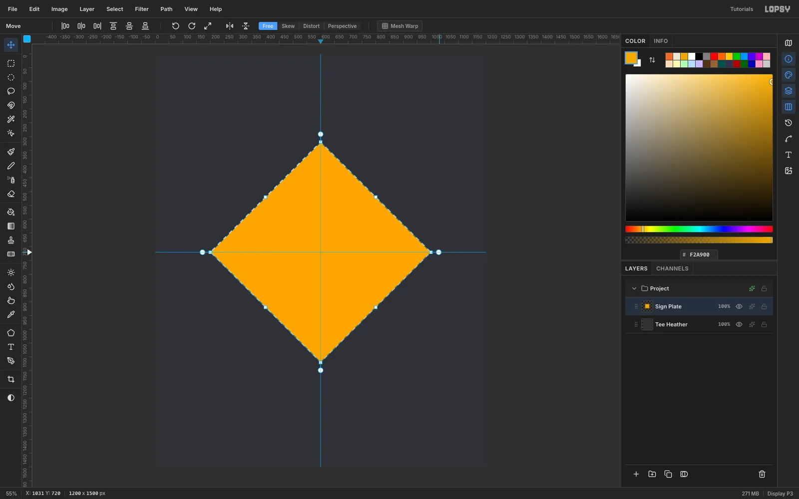 The amber square rotated 45 degrees into a diamond with transform handles and marching ants still showing