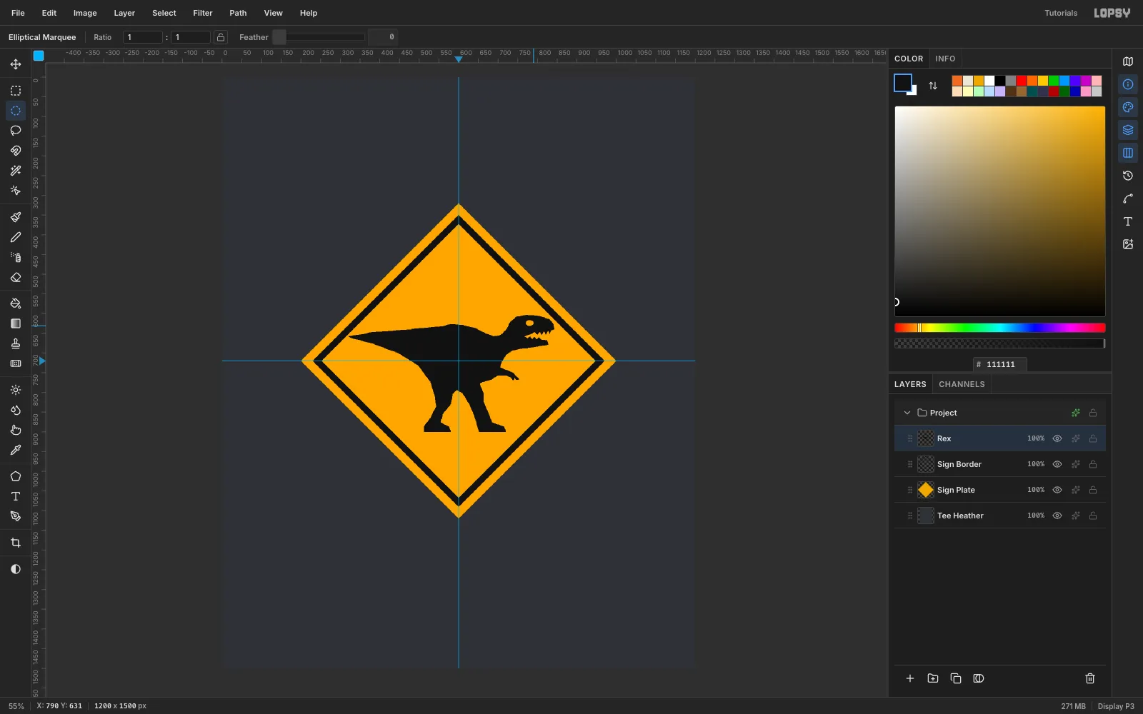 A solid black T-rex silhouette inside the amber diamond sign, with an amber eye hole
