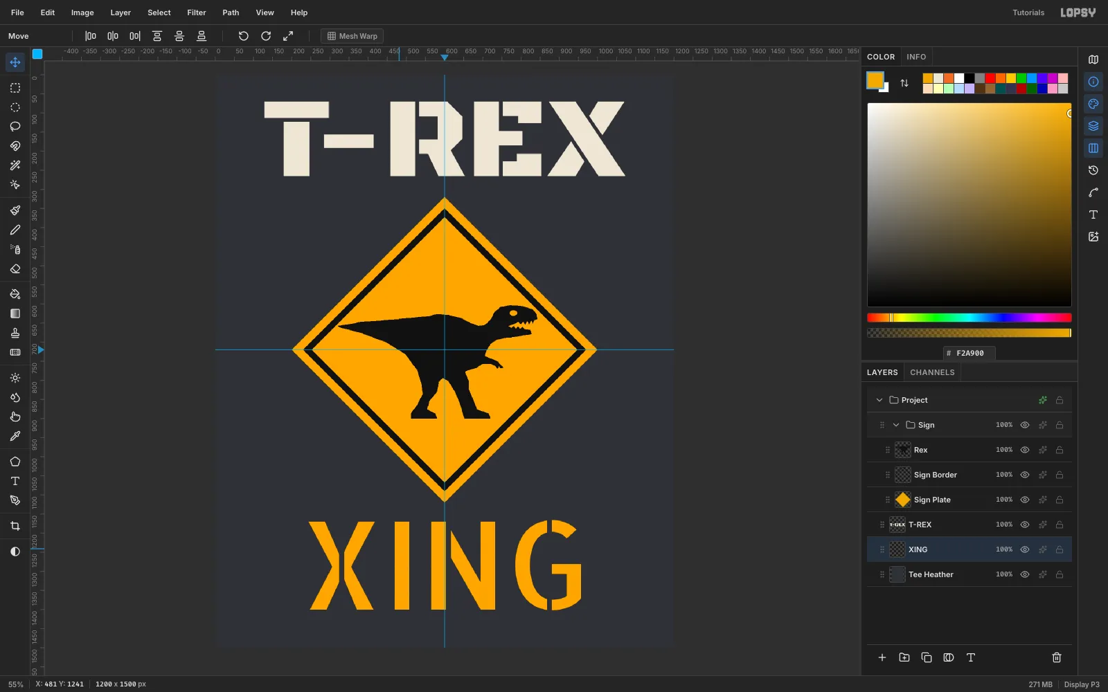 XING set in amber Allerta Stencil centered under the sign, with T-REX centered above it
