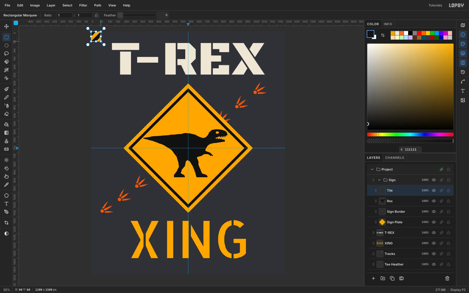 A 60 pixel amber and black diagonal stripe tile selected in the top-left corner of the canvas