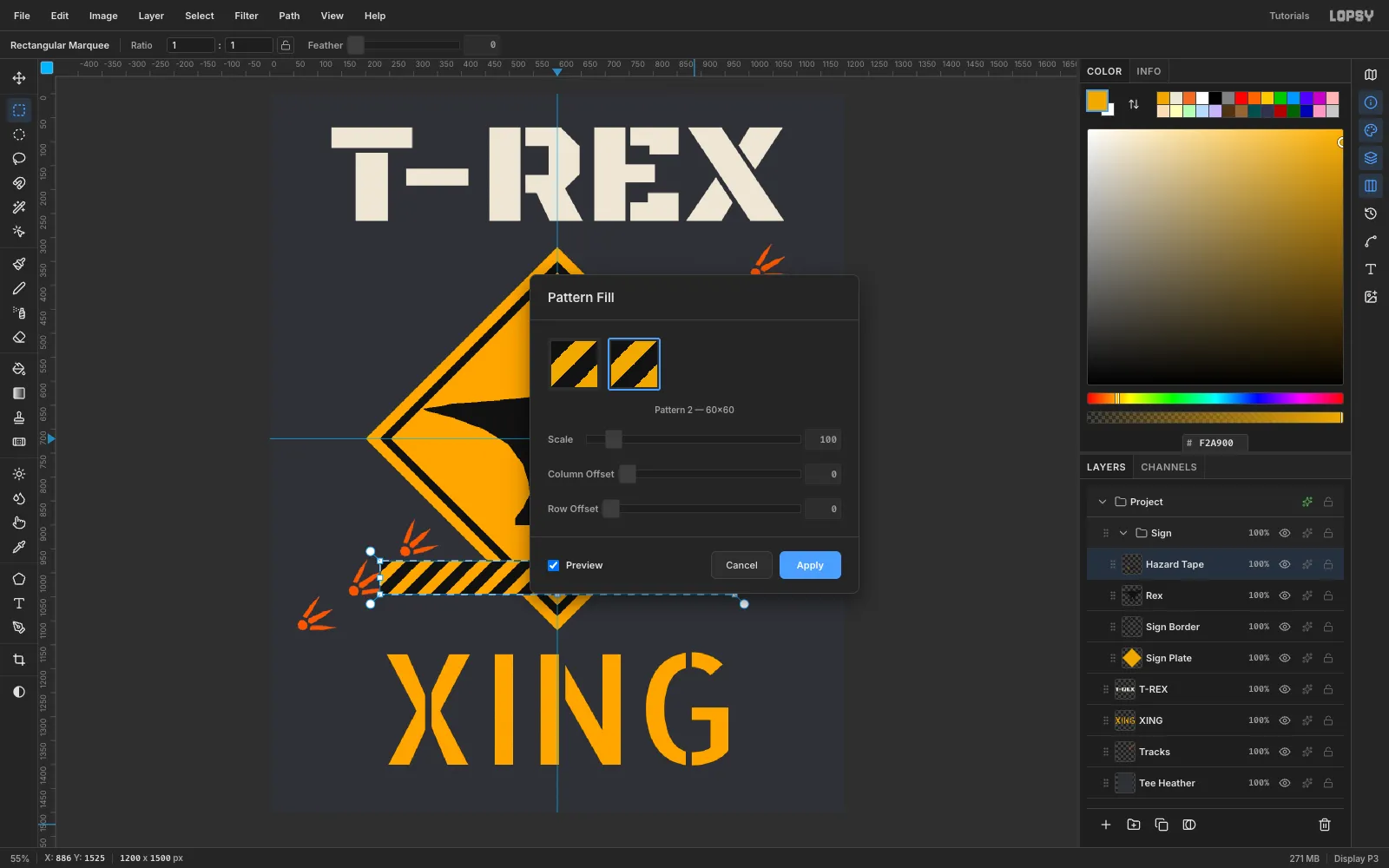 The Pattern Fill dialog previewing diagonal amber and black stripes inside a long selection across the sign's bottom point