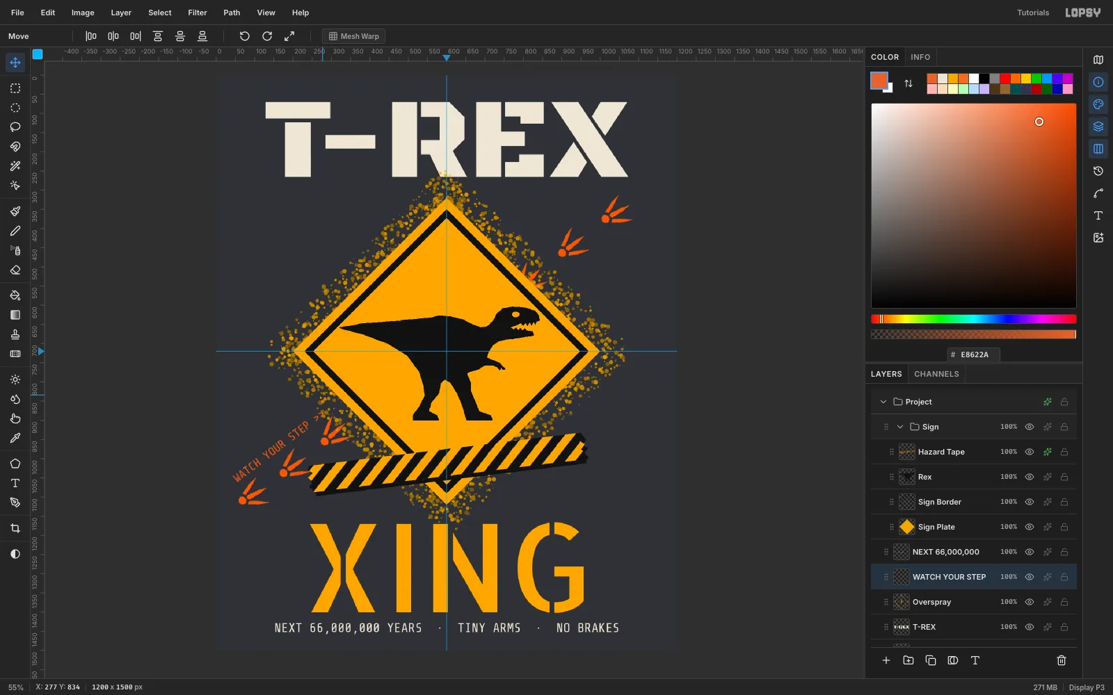 The design with NEXT 66,000,000 YEARS · TINY ARMS · NO BRAKES in cream monospace type centered under XING