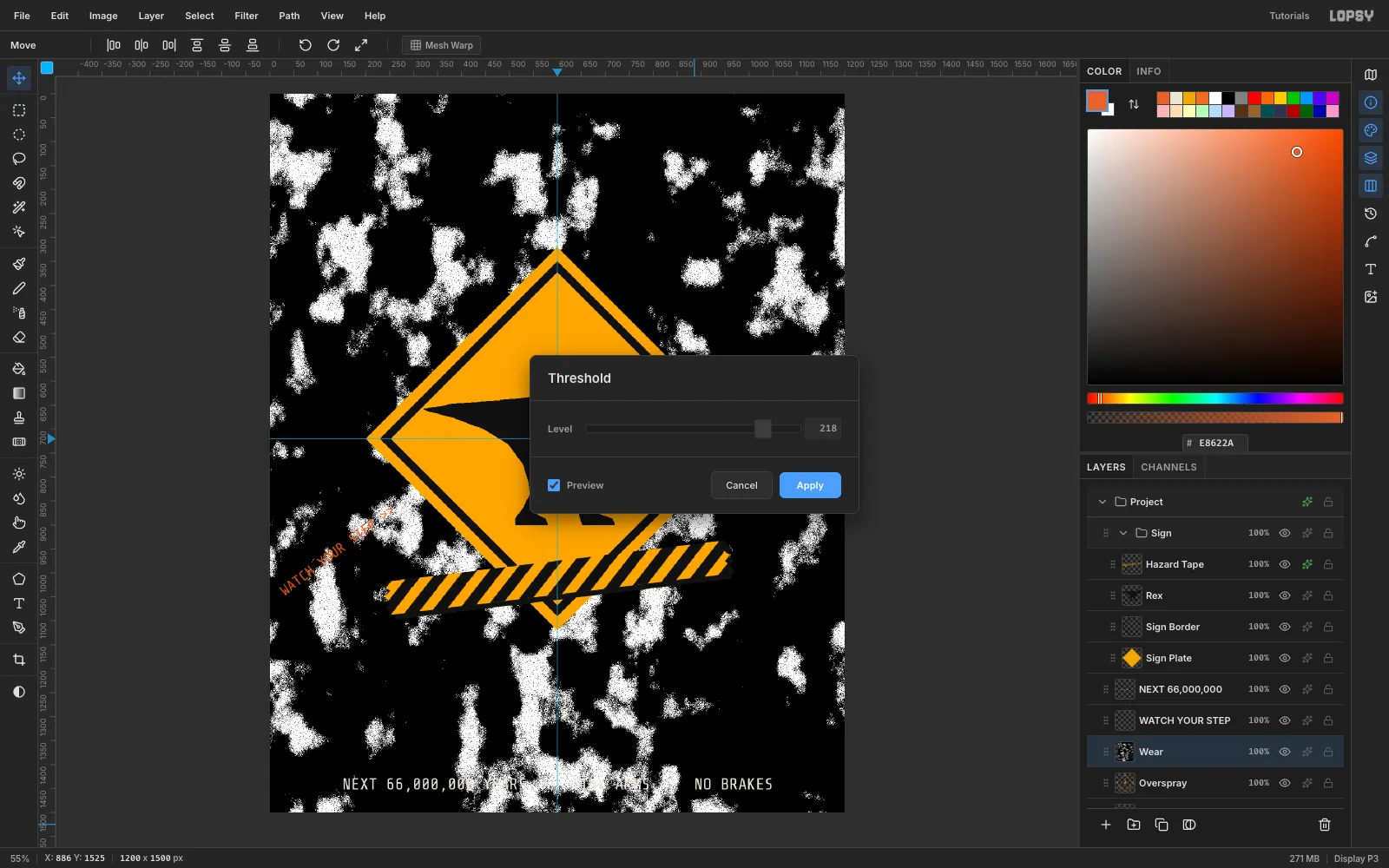The Threshold dialog at level 218 previewing white speckled blotches on black over the design