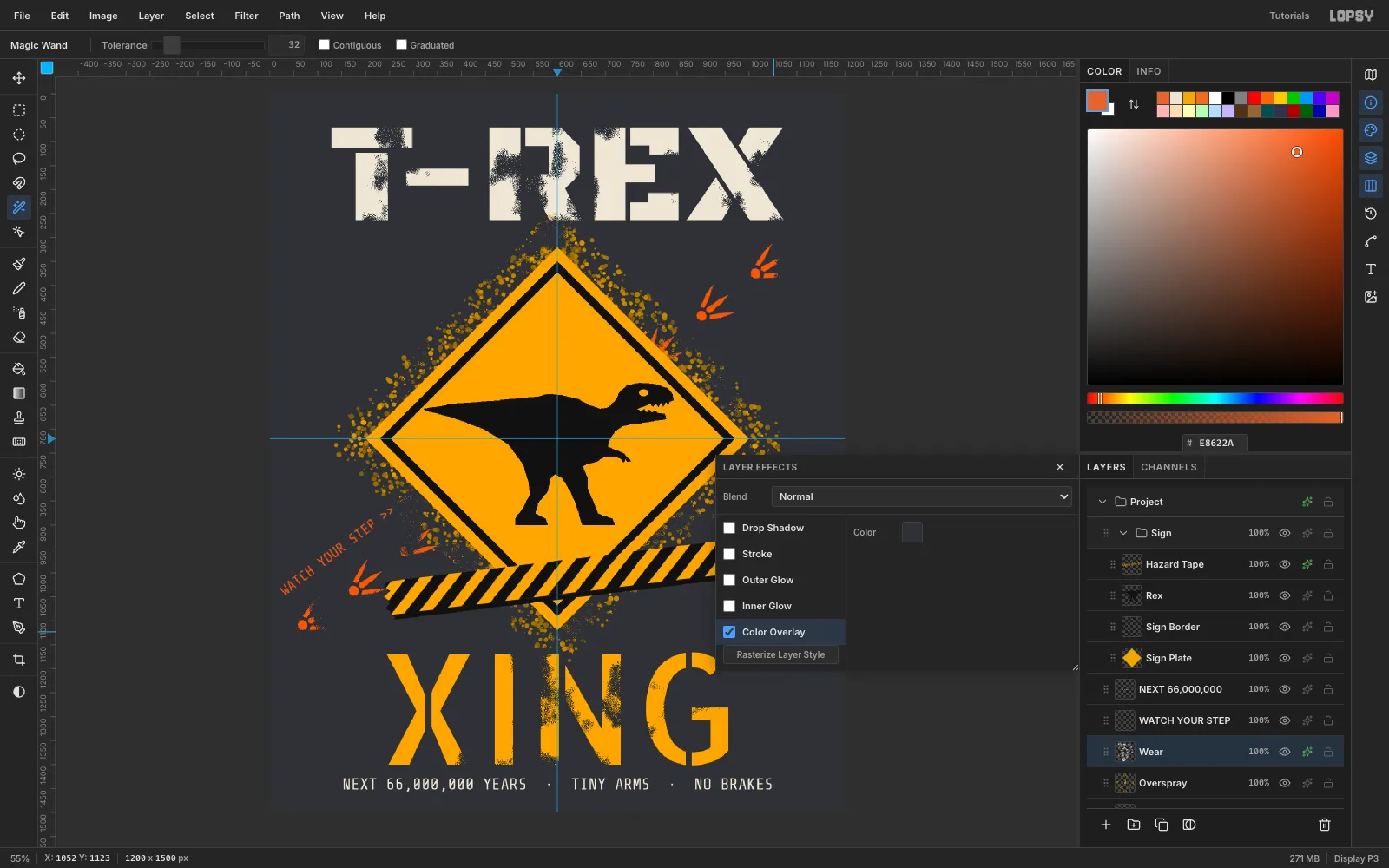 The Layer Effects drawer with Color Overlay enabled on the Wear layer, turning the specks the charcoal shirt color
