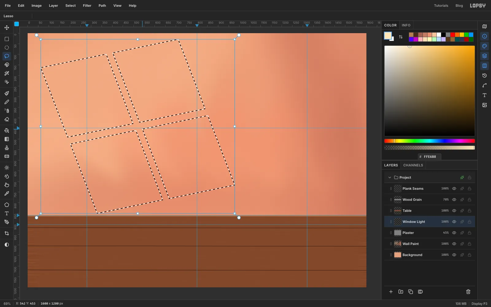 Four tilted quadrilaterals are selected at the upper left of the wall, shaped like a window's light thrown at an angle