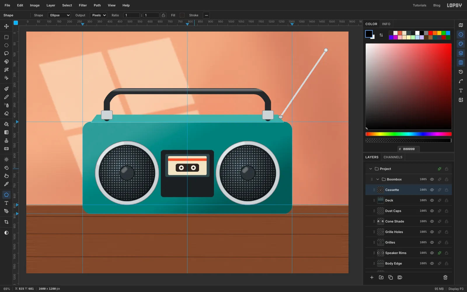 A dark cassette deck between the speakers holds a cream cassette with an orange stripe and two white reels