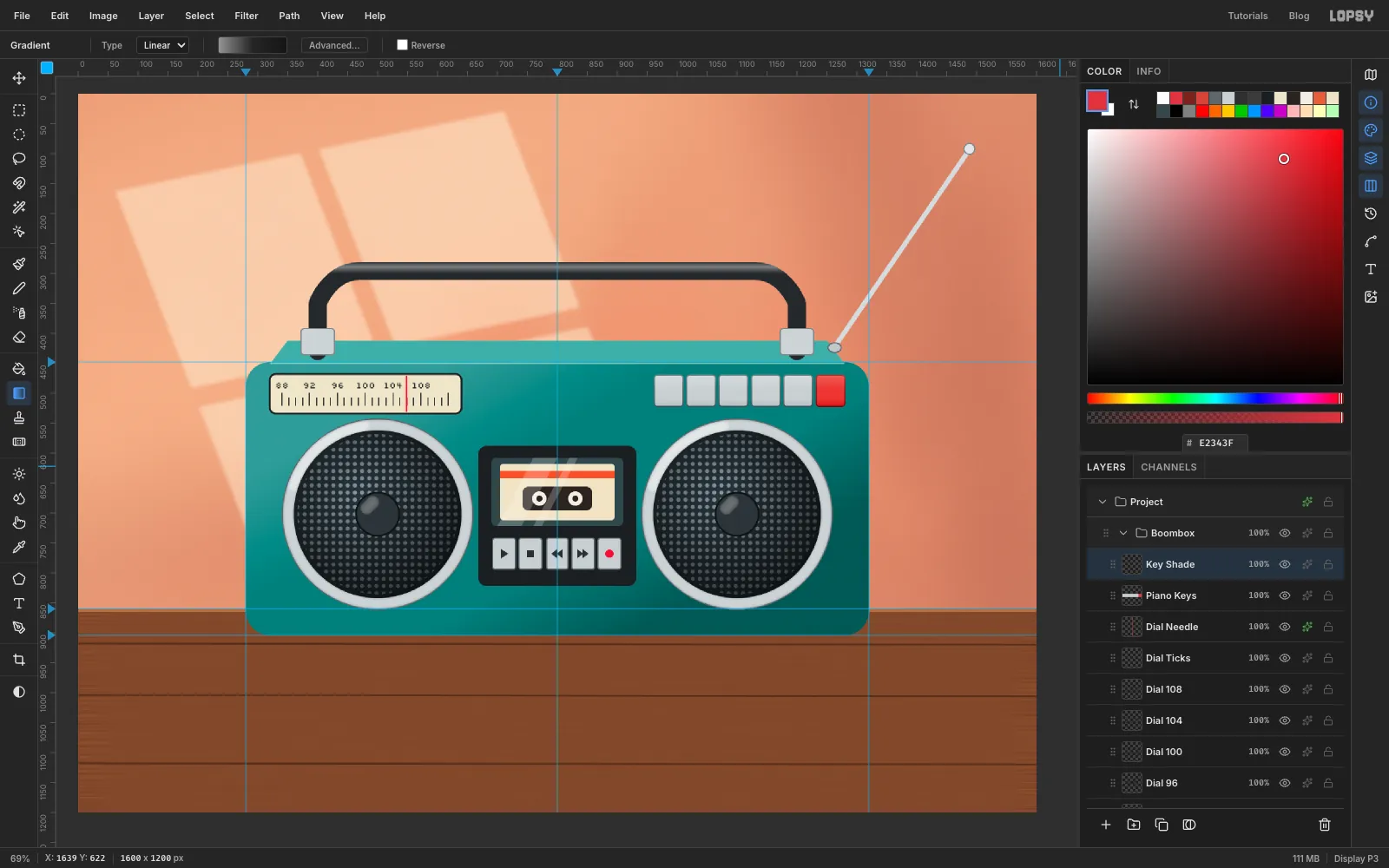 Five grey piano keys and one red key line the top right of the boombox