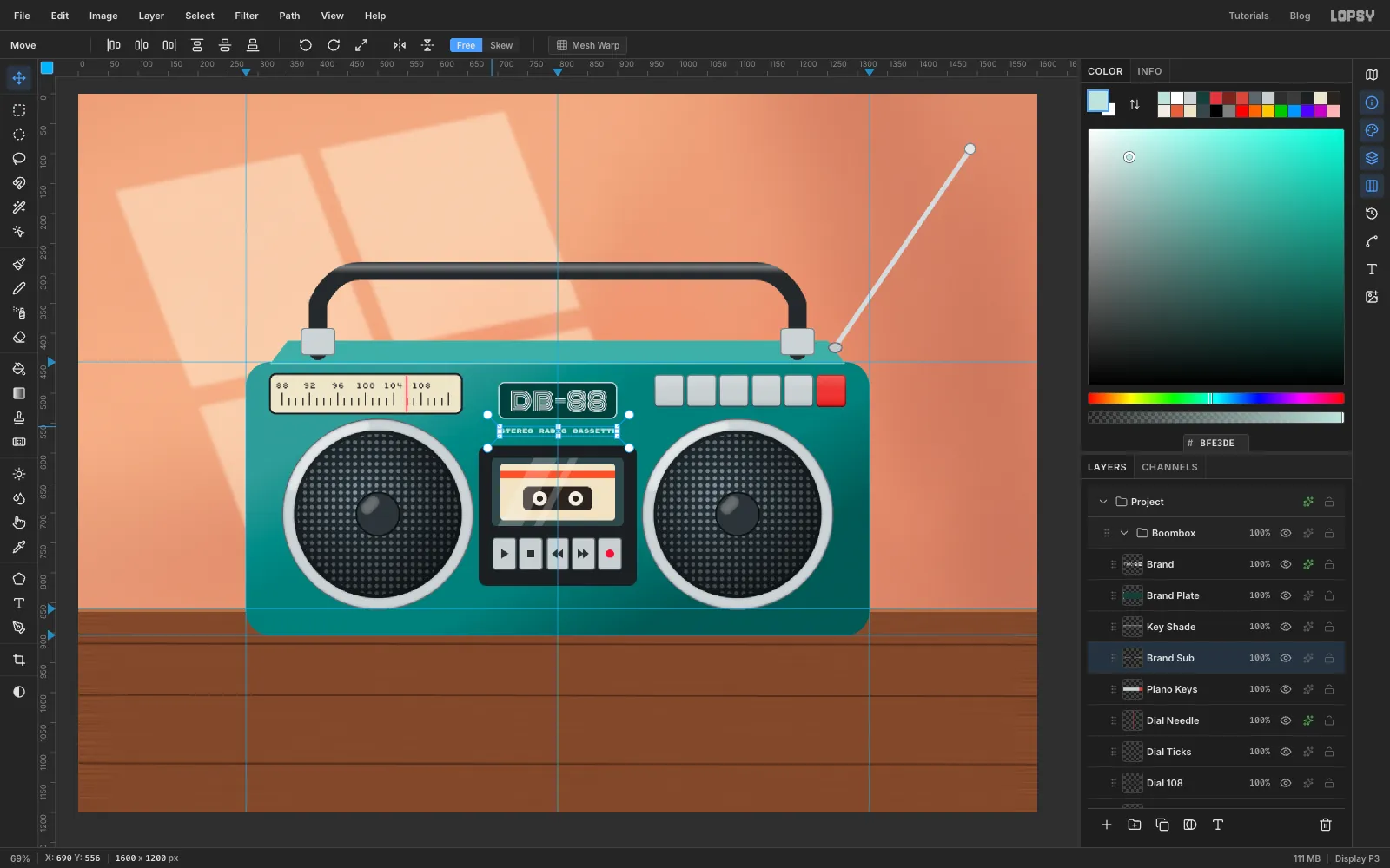 A dark green badge reading DB-88 in outlined capitals sits between the dial and the keys, with STEREO RADIO CASSETTE in small type below