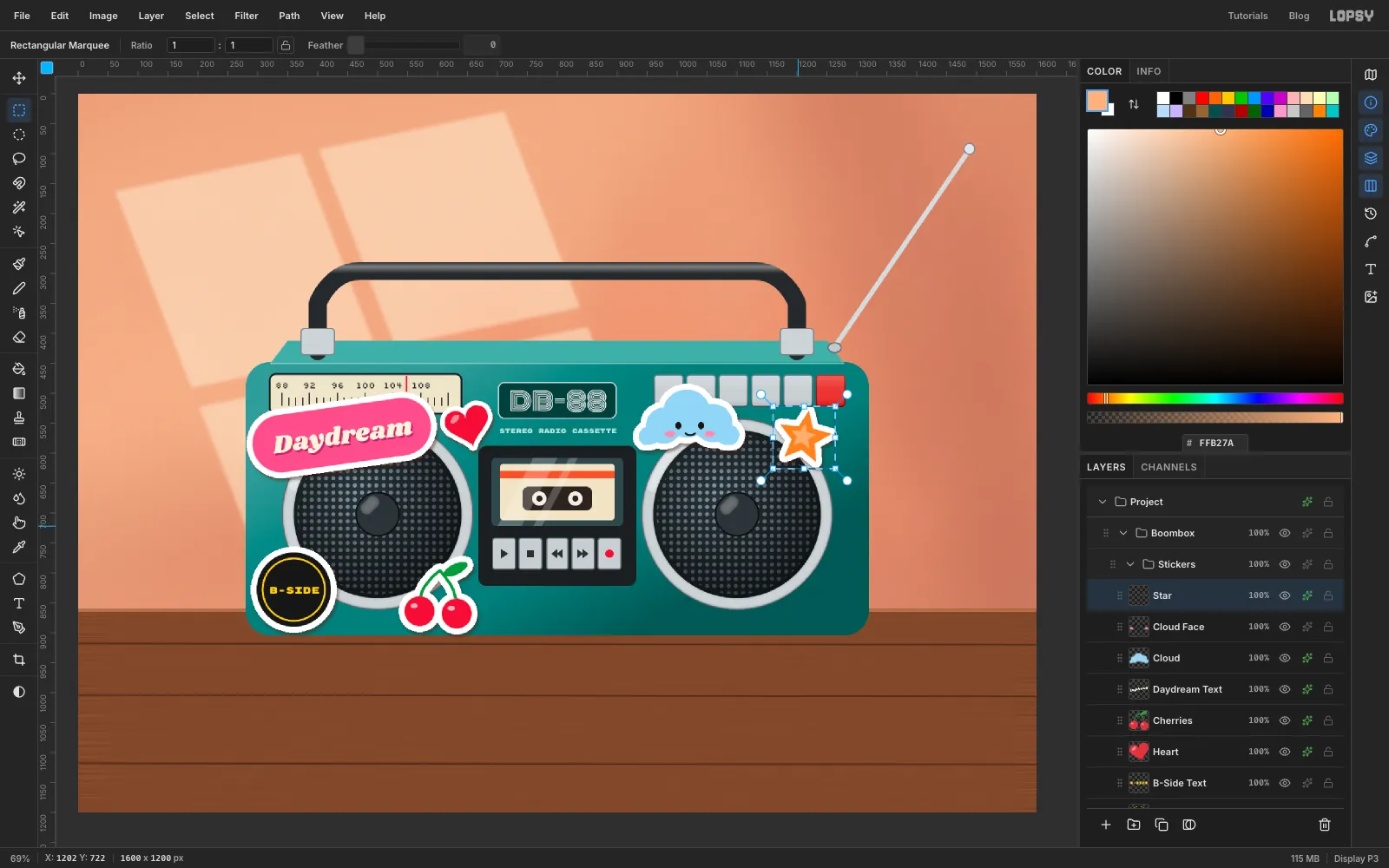 A tangerine star sticker sits on the right speaker, and a square marquee surrounds it