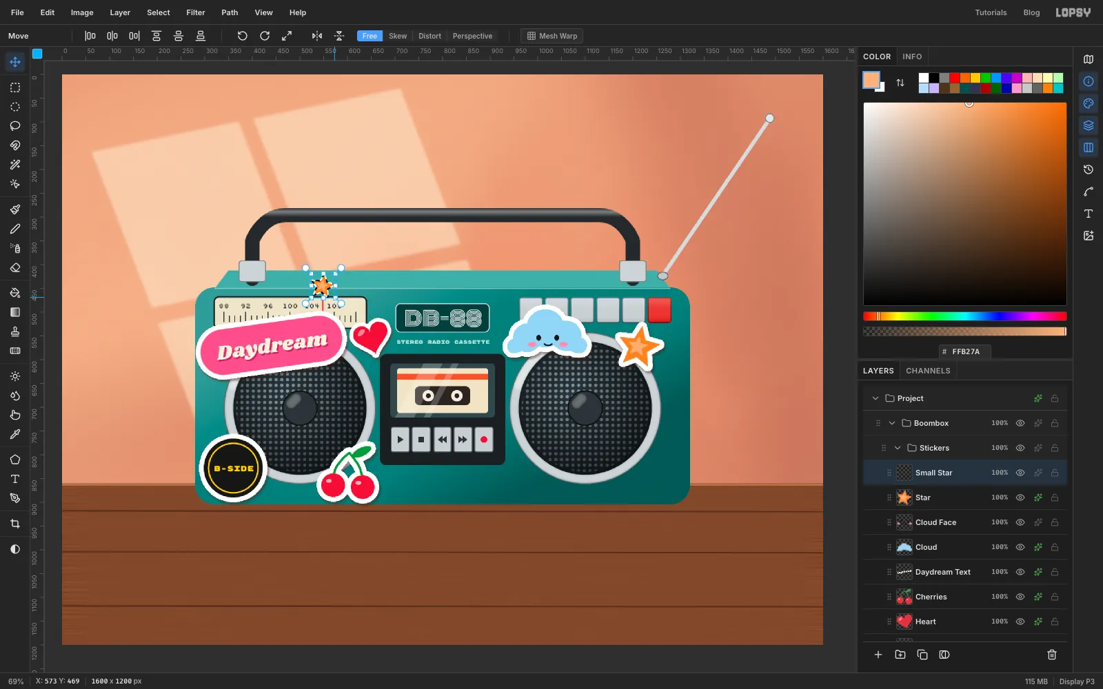 The pasted star has been dragged to the top left of the boombox, and its corner handle is being pulled in to shrink it