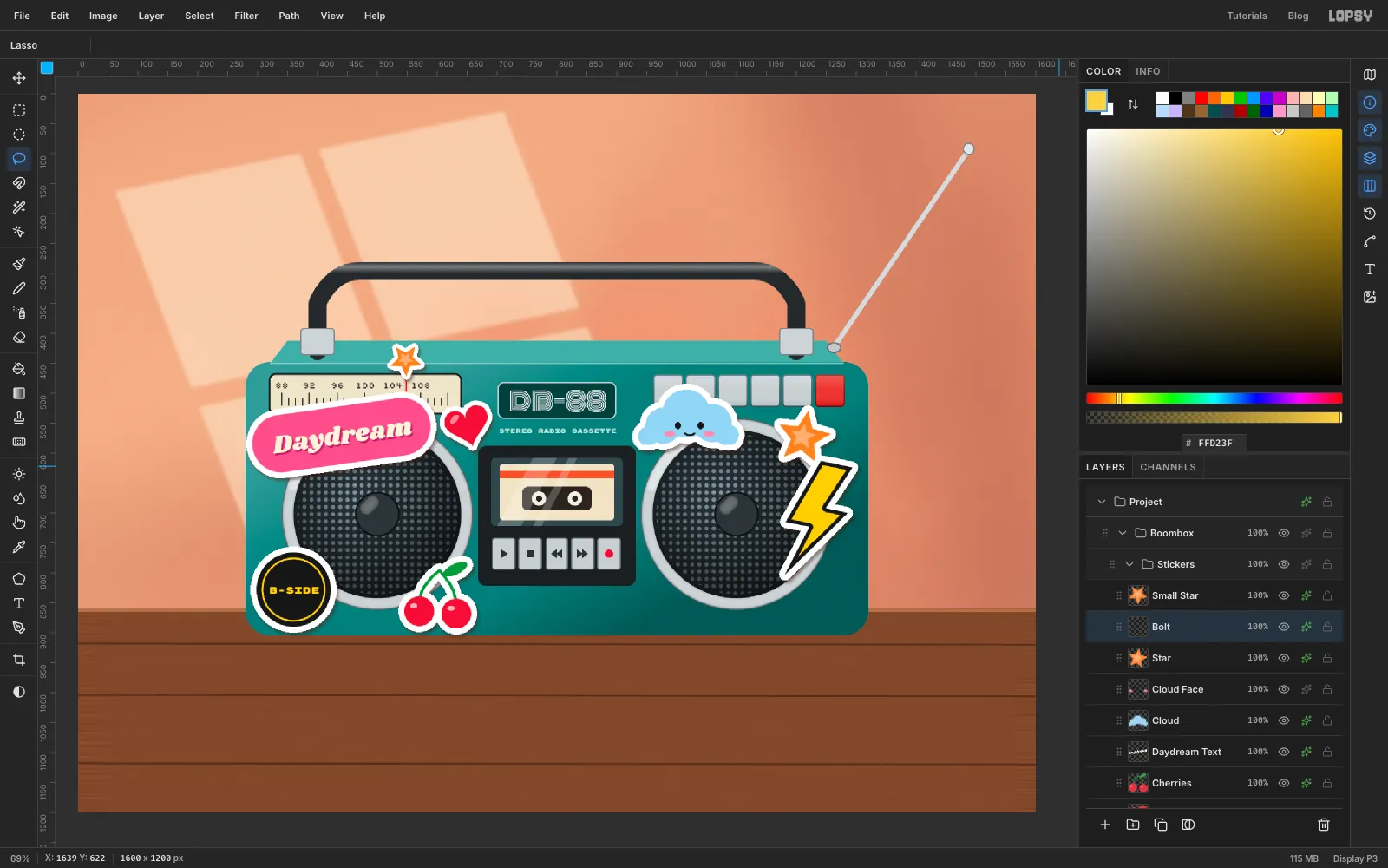A yellow lightning bolt with a black outline and a white border sits on the right end of the boombox