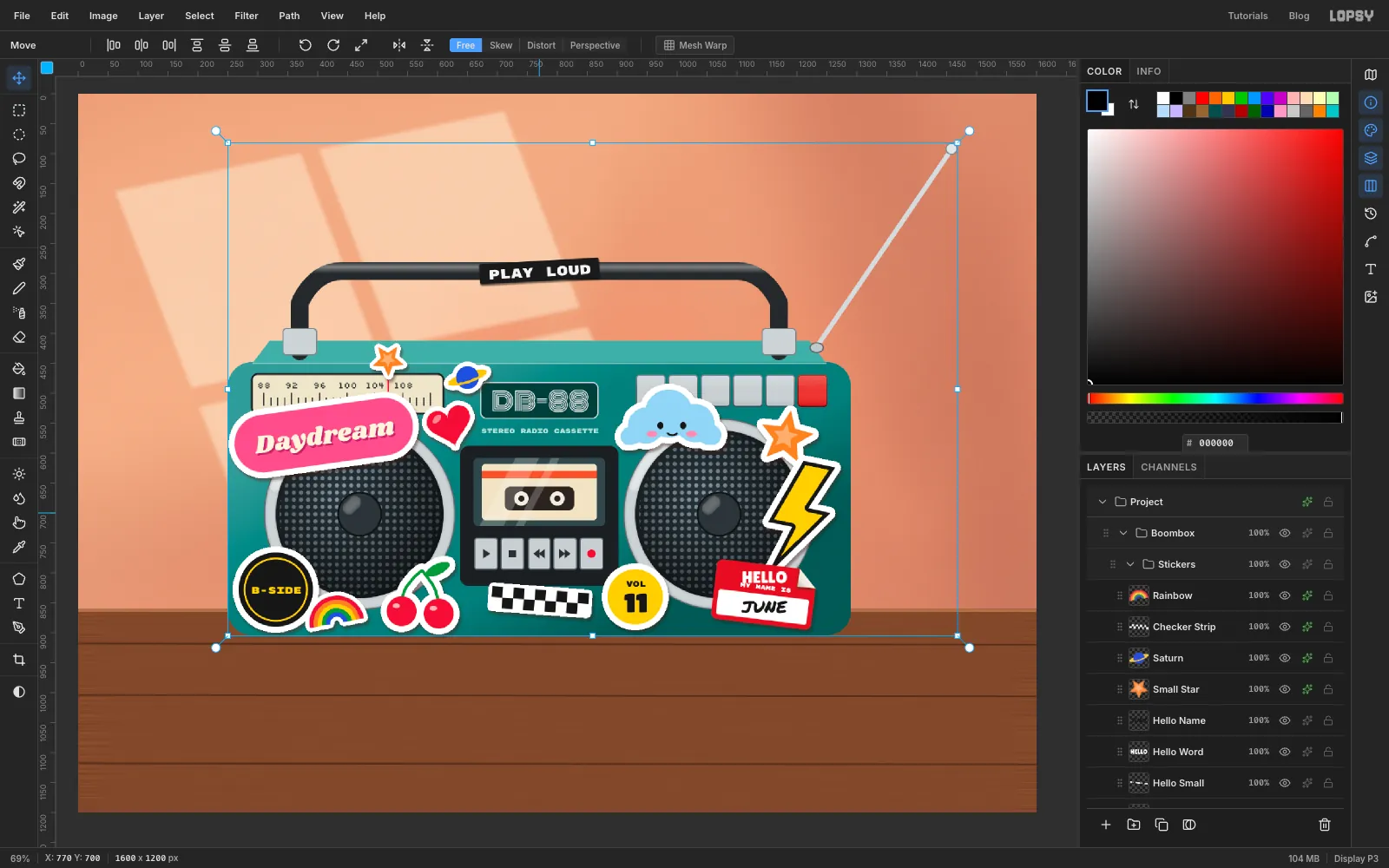 The Boombox group is being dragged to the left with the Move tool, framed by its bounding box