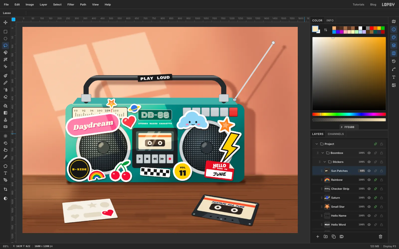 Pale bands of window light fall across the left half of the boombox and its stickers