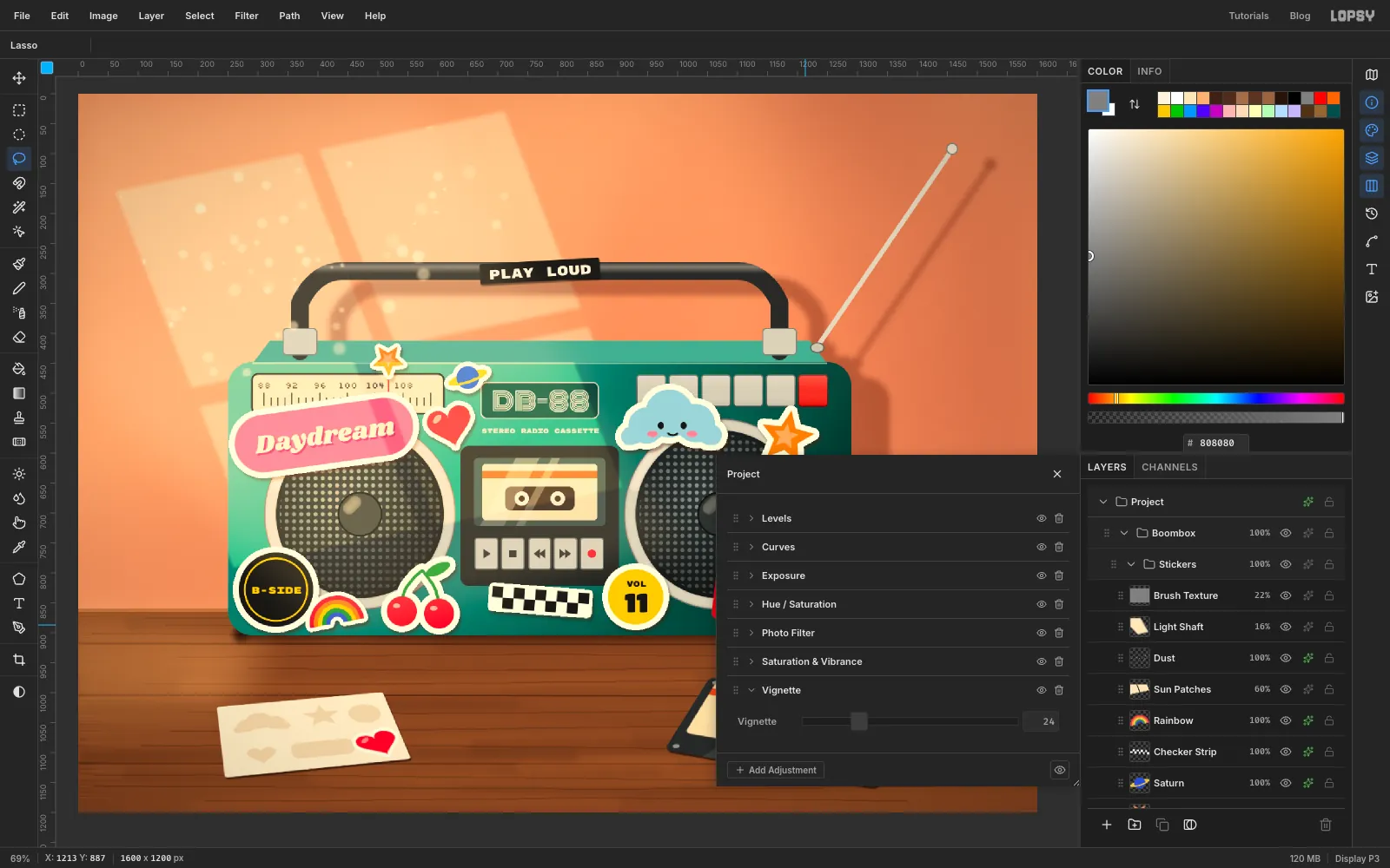 The Project group's adjustments panel shows Photo Filter, Saturation and Vibrance, and Vignette, and the picture is warmer with darker corners