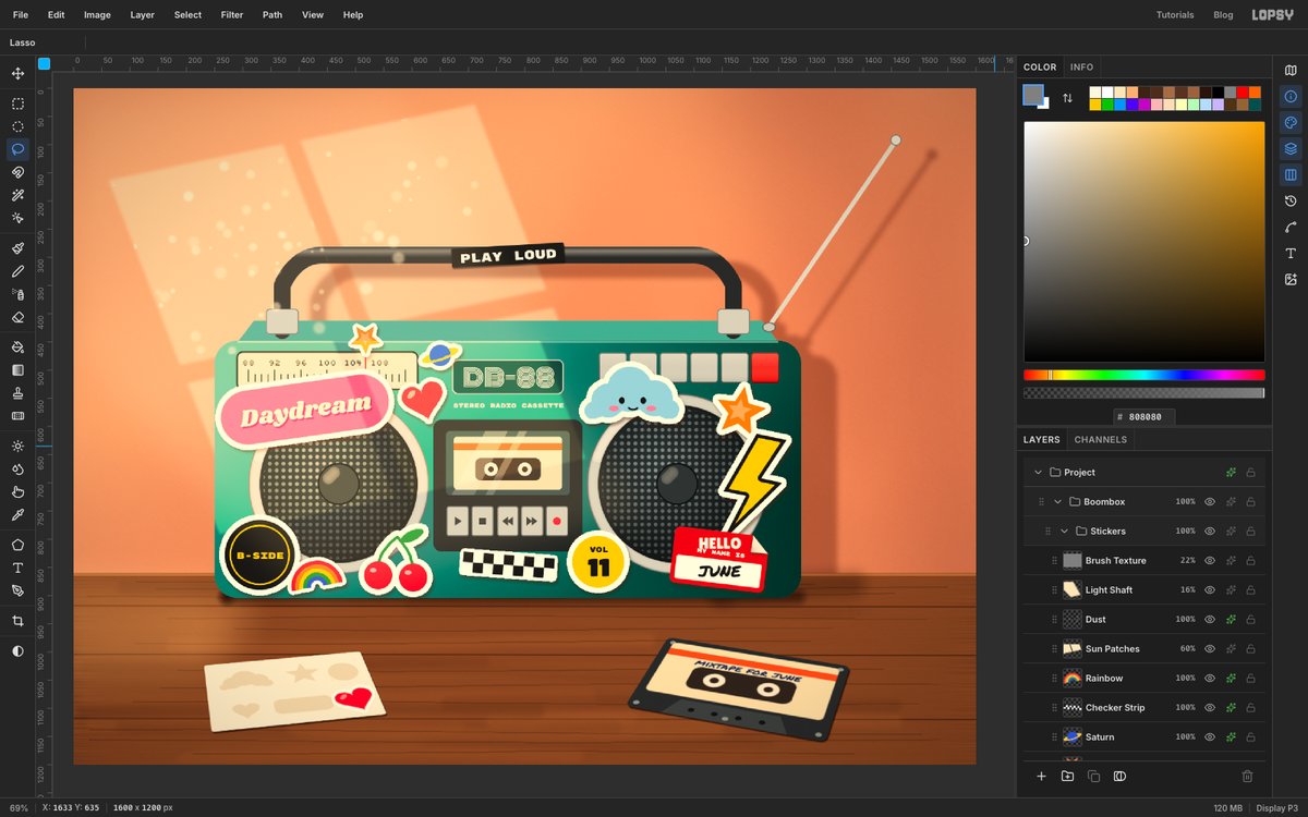 Lopsy with the finished Daydream Boombox painting open. A teal boombox covered in die-cut stickers sits on a wooden table against an apricot wall lit by a four-pane window, and the Layers panel shows the Stickers group inside the Boombox group.