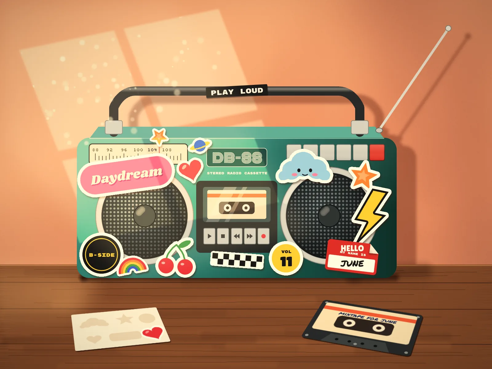 The finished painting. A teal 80s boombox with a black handle and a chrome antenna sits on a warm wooden table in late-afternoon light. A four-pane window casts pale light and floating dust across the apricot wall, and the boombox throws a soft shadow to its right. A dark green DB-88 badge sits between its speakers, and it is covered in die-cut stickers with white borders, including a pink Daydream pill, a blue Saturn, a red heart, a smiling blue cloud, an orange star, a yellow lightning bolt, a black B-SIDE badge, a rainbow, cherries, a checkerboard strip, a yellow VOL 11 disc and a red HELLO my name is JUNE tag with a peeling corner. A black PLAY LOUD label-maker tape is wrapped round the handle. A peeled sticker sheet with one heart left lies on the table at the left, and a cassette labelled mixtape for june lies at the right.