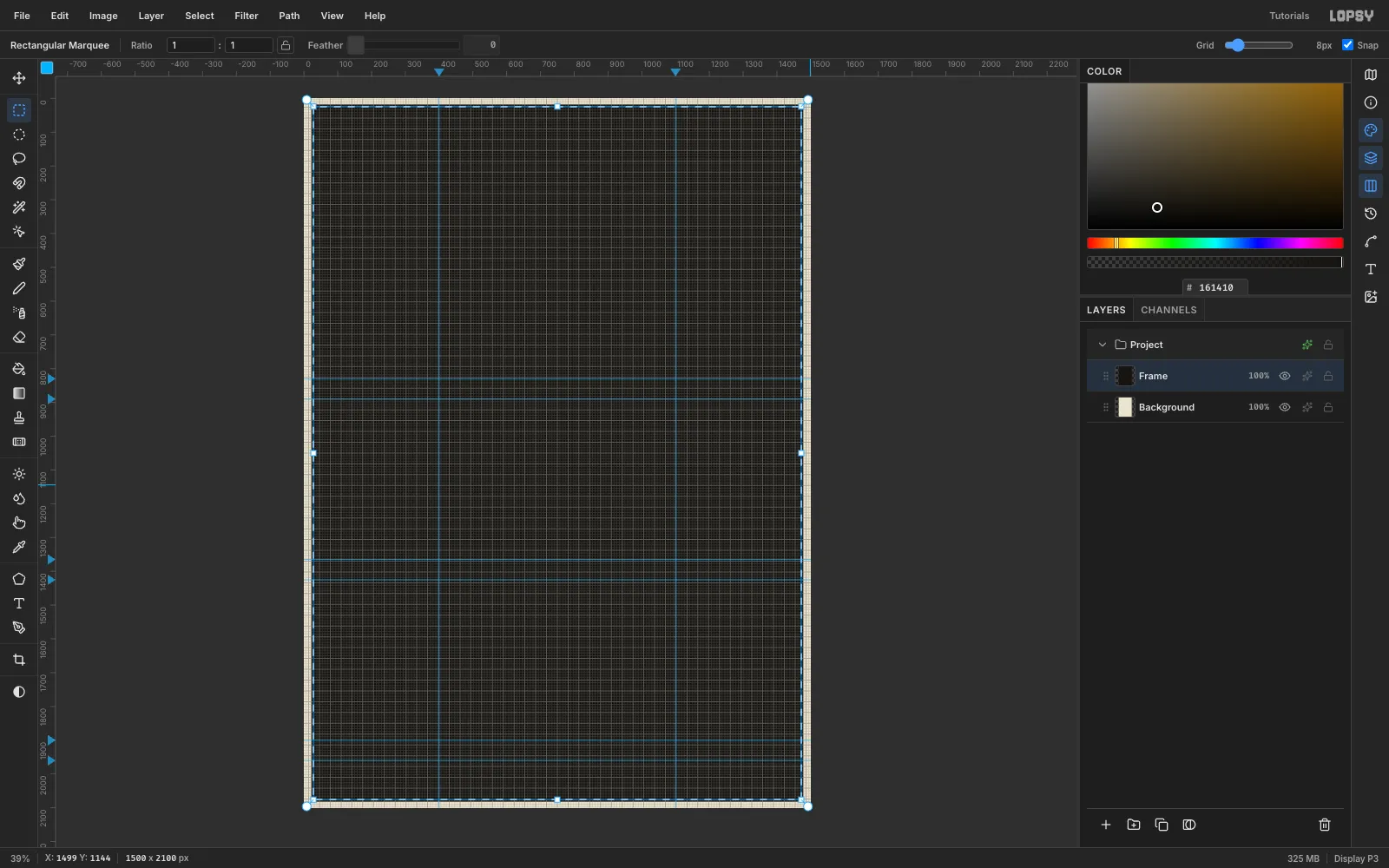 A cream 1500 by 2100 canvas with an 8 px grid shown, blue guides at the two column centres and the label rows, and a marquee snapped just inside the edge for the frame