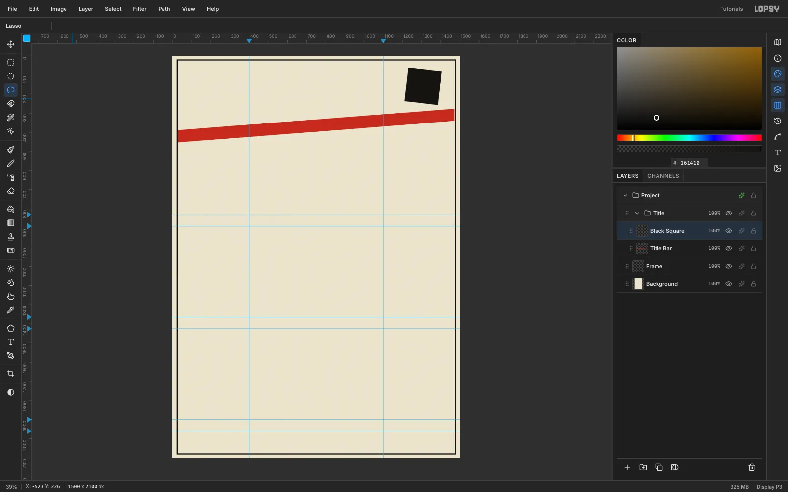 The canvas with a long red bar running across the top at a slight upward angle, edge to edge, and a slightly tilted black square above its right end