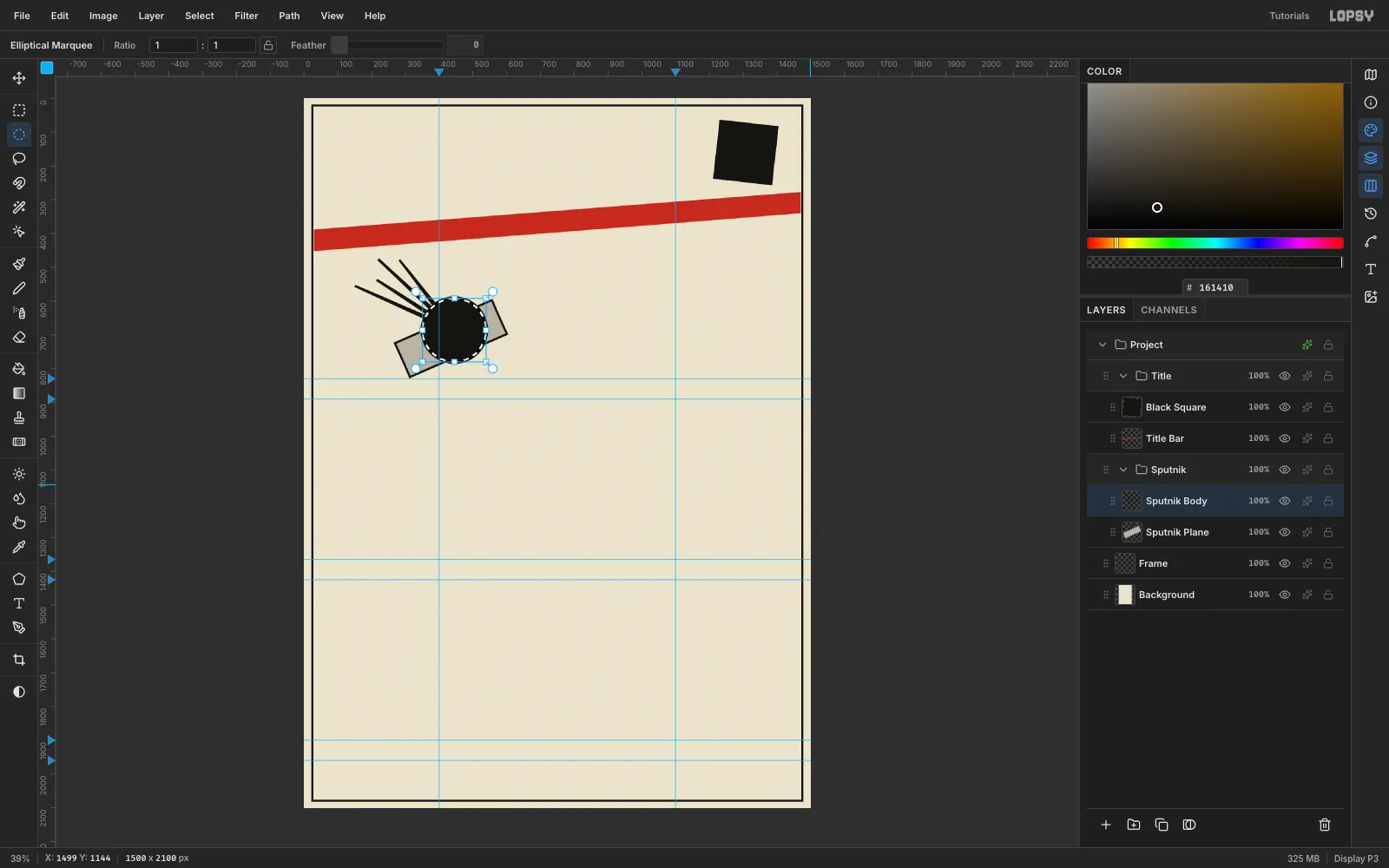 The Sputnik design in progress, with black antenna bars, a grey plate with an ink outline, and a black disc whose elliptical selection has been shrunk by 6 px ready to be filled red