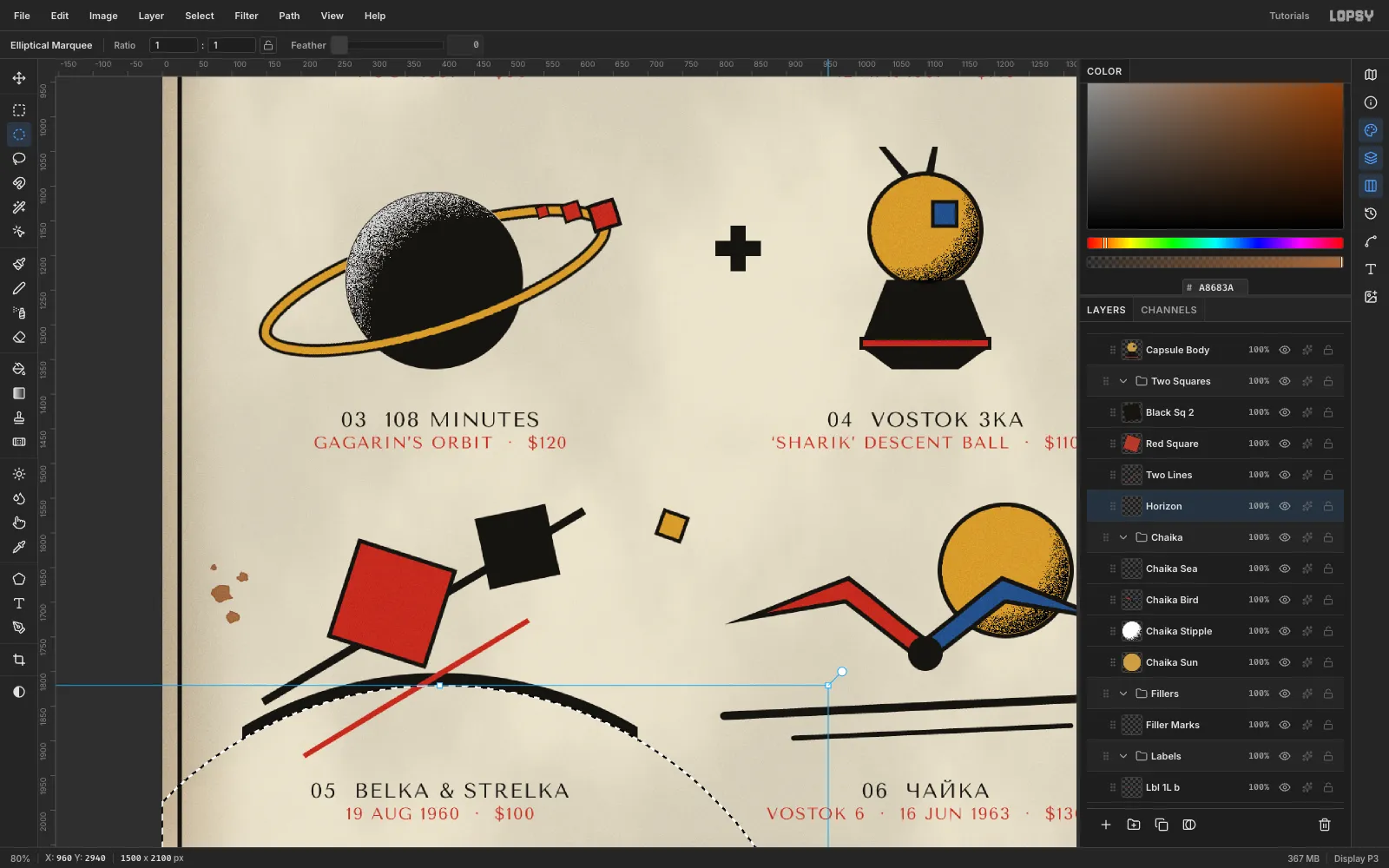 Close-up of the Belka and Strelka design, with a rotated red square and a black square on a diagonal line above a black crescent horizon; a large elliptical selection shows the offset circle being subtracted