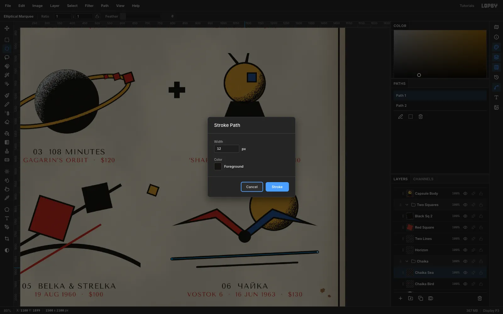 The Chaika gull design, with red and blue M-shaped wings meeting at a black body in front of an ochre sun; the Stroke Path dialog is open with Width 12 over a selected pen path