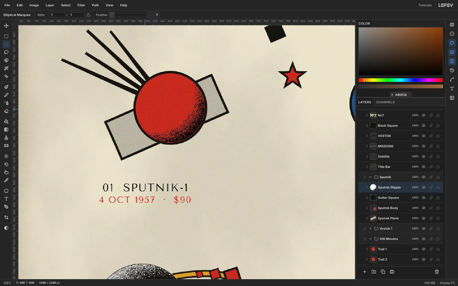 Close-up of Sputnik's red disc with a crescent of fine black stipple dots along its lower-right edge, the effect of the Multiply stipple layer