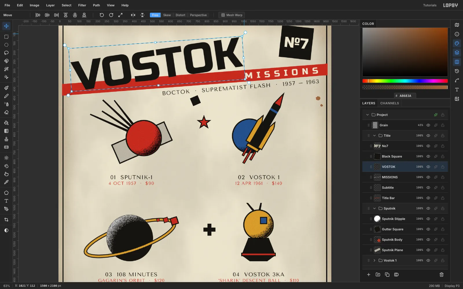 The rasterized VOSTOK headline being rotated with the Move tool's transform box so its baseline follows the red bar; MISSIONS sits in cream letters inside the bar and the №7 is centred in the black square