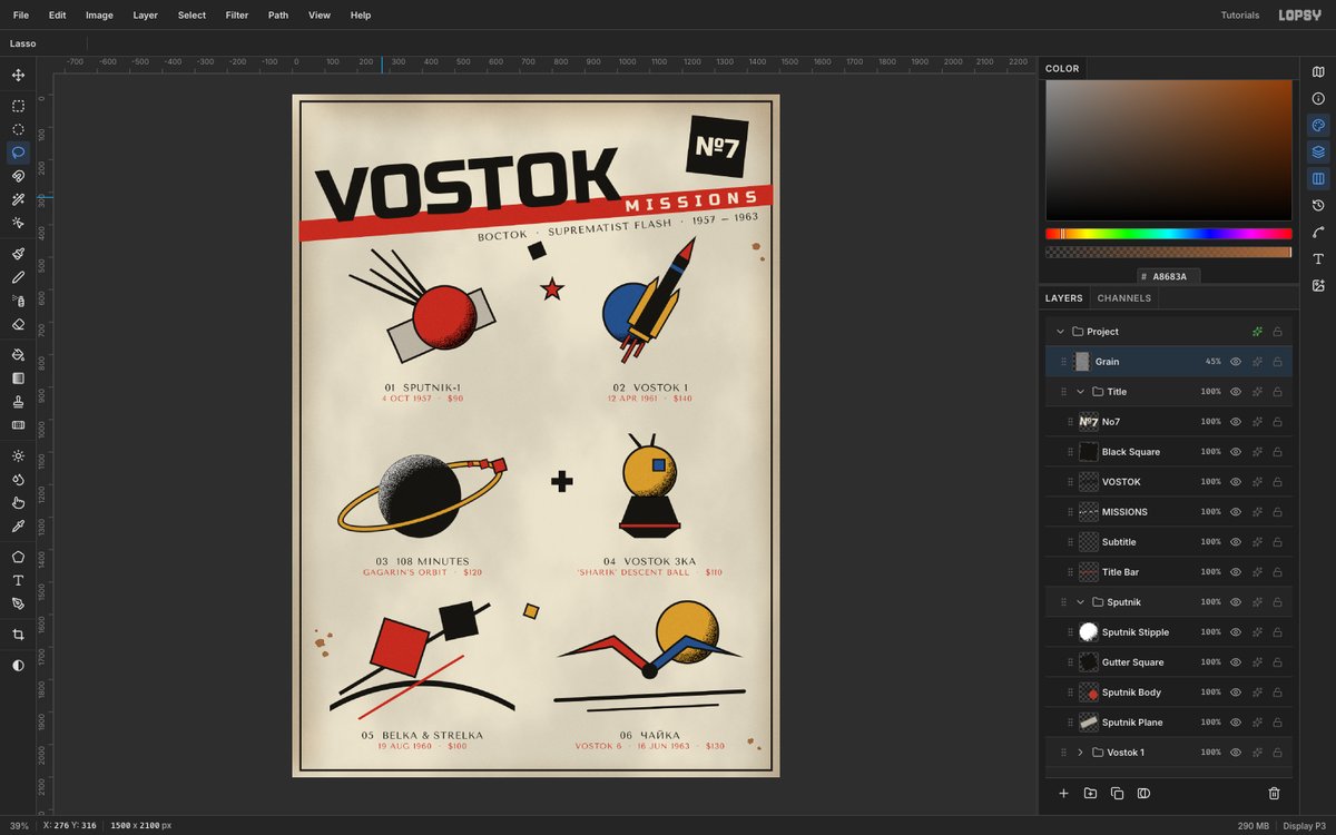 Lopsy editor showing the finished VOSTOK MISSIONS flash sheet, with six Suprematist space designs under a black VOSTOK headline on a red diagonal bar