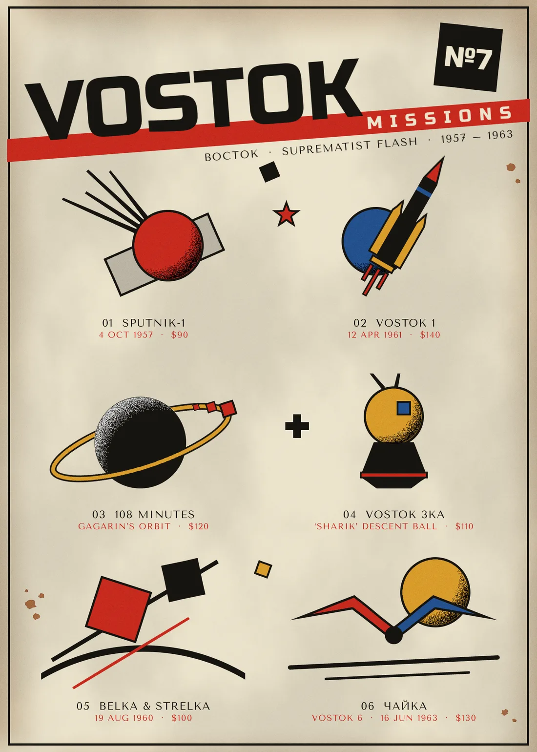 Finished VOSTOK MISSIONS tattoo flash sheet on aged cream paper, with six outlined Suprematist designs (Sputnik, a rocket, a ringed black planet, a capsule, two flying squares and a gull) and red and black price labels