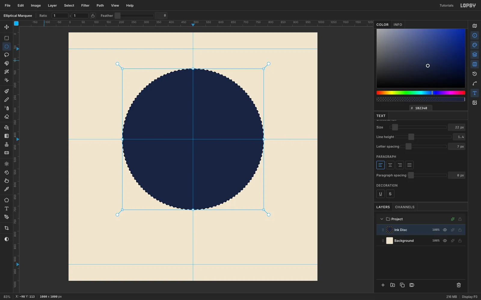 A 1000 by 1000 cream canvas with blue guides at x 500 and y 66, 430 and 934, and a large navy circle centered on the guides