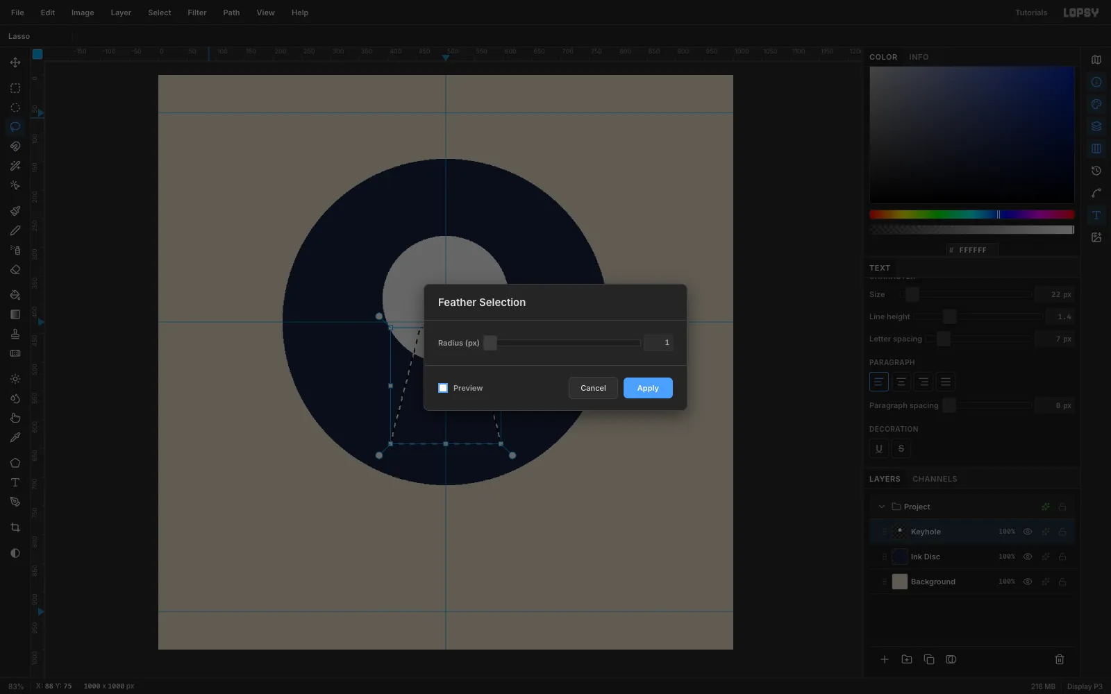 A navy disc with a white circle for the top of the keyhole, a lasso trapezoid below it, and the Feather Selection dialog set to 1 px