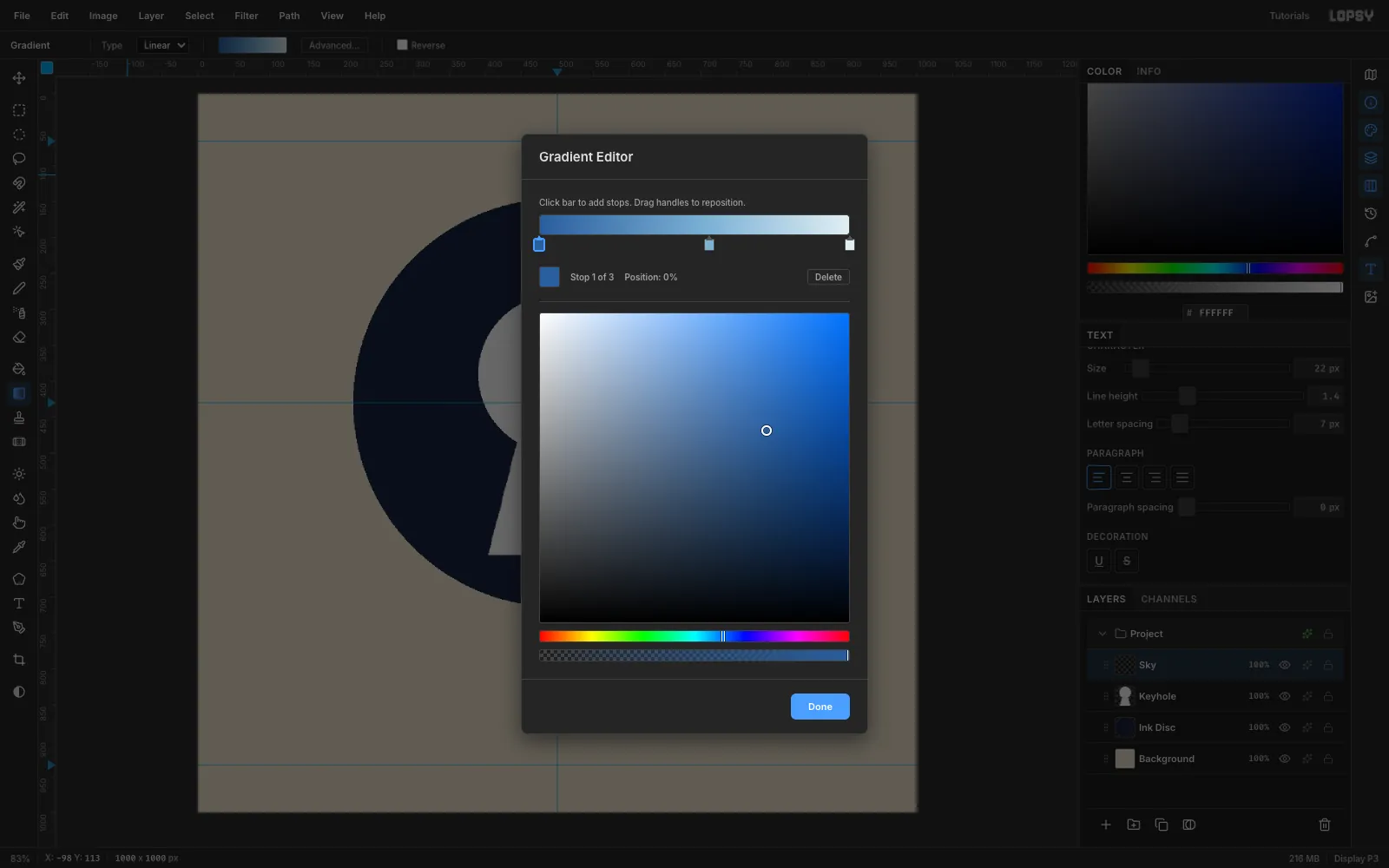 The Gradient Editor with three stops running from deep cerulean through soft sky blue to almost white