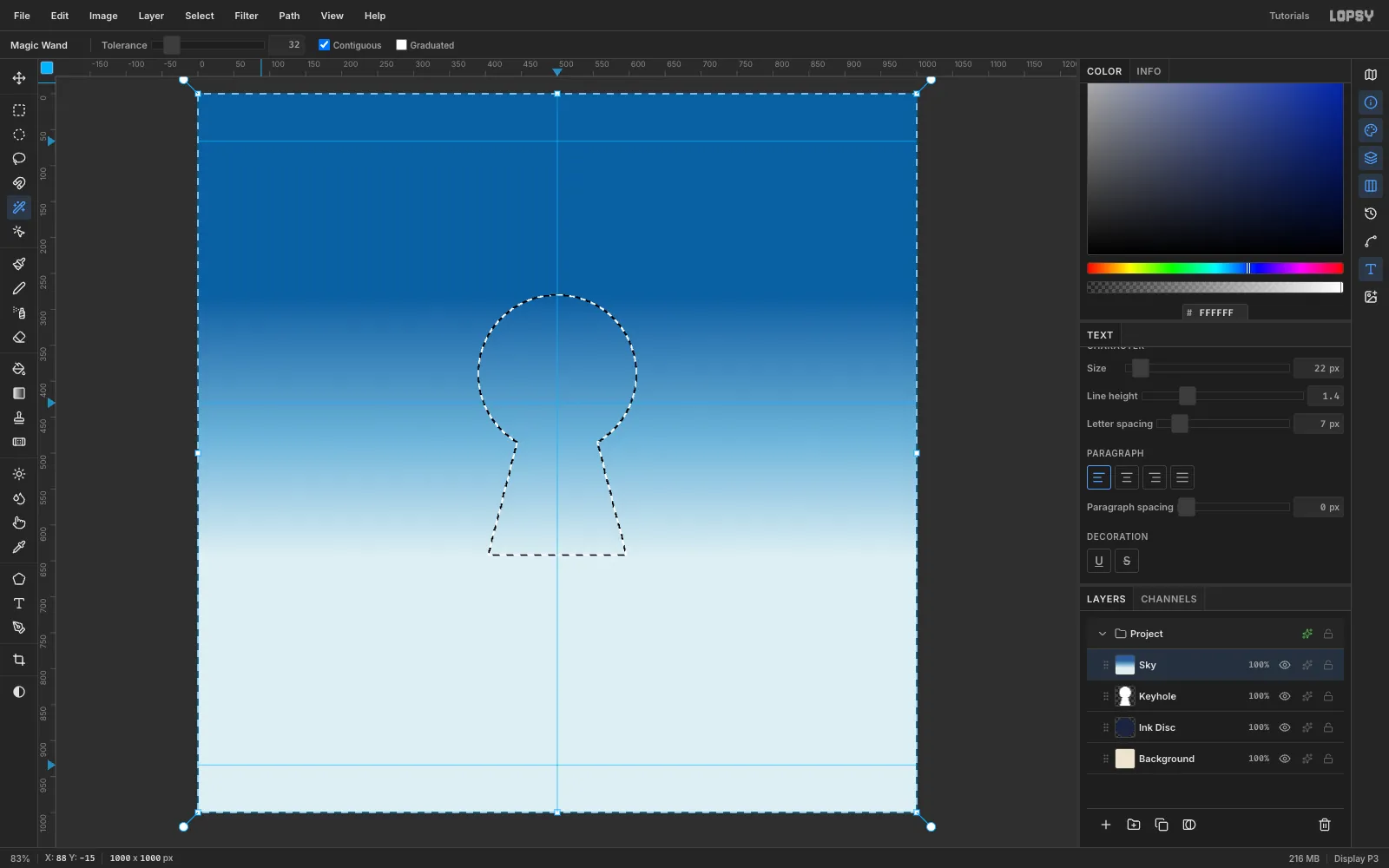 The sky gradient covers the whole canvas and a selection outlines everything except the keyhole shape