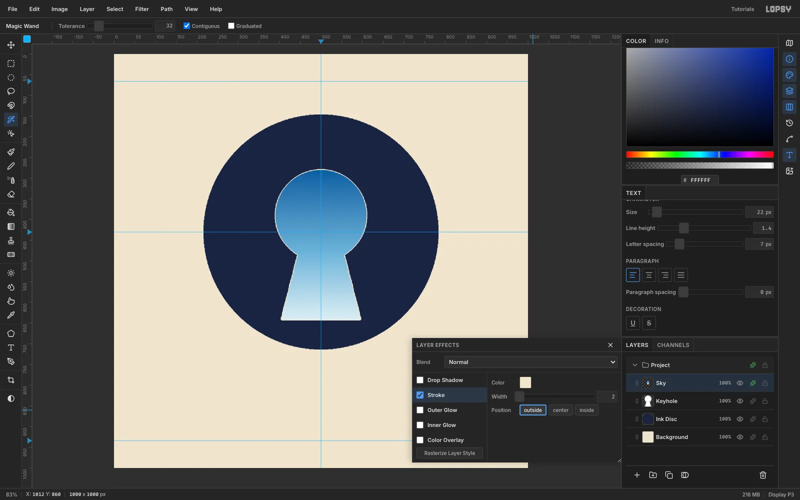 The keyhole of blue sky now has a thin cream outline, with the Layer Effects drawer open showing Stroke settings
