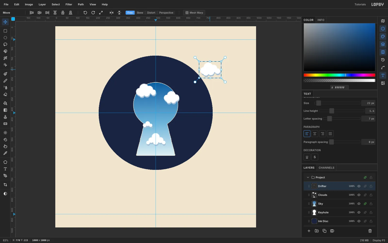 The copied cloud dragged out to the upper right of the disc, with transform handles around it
