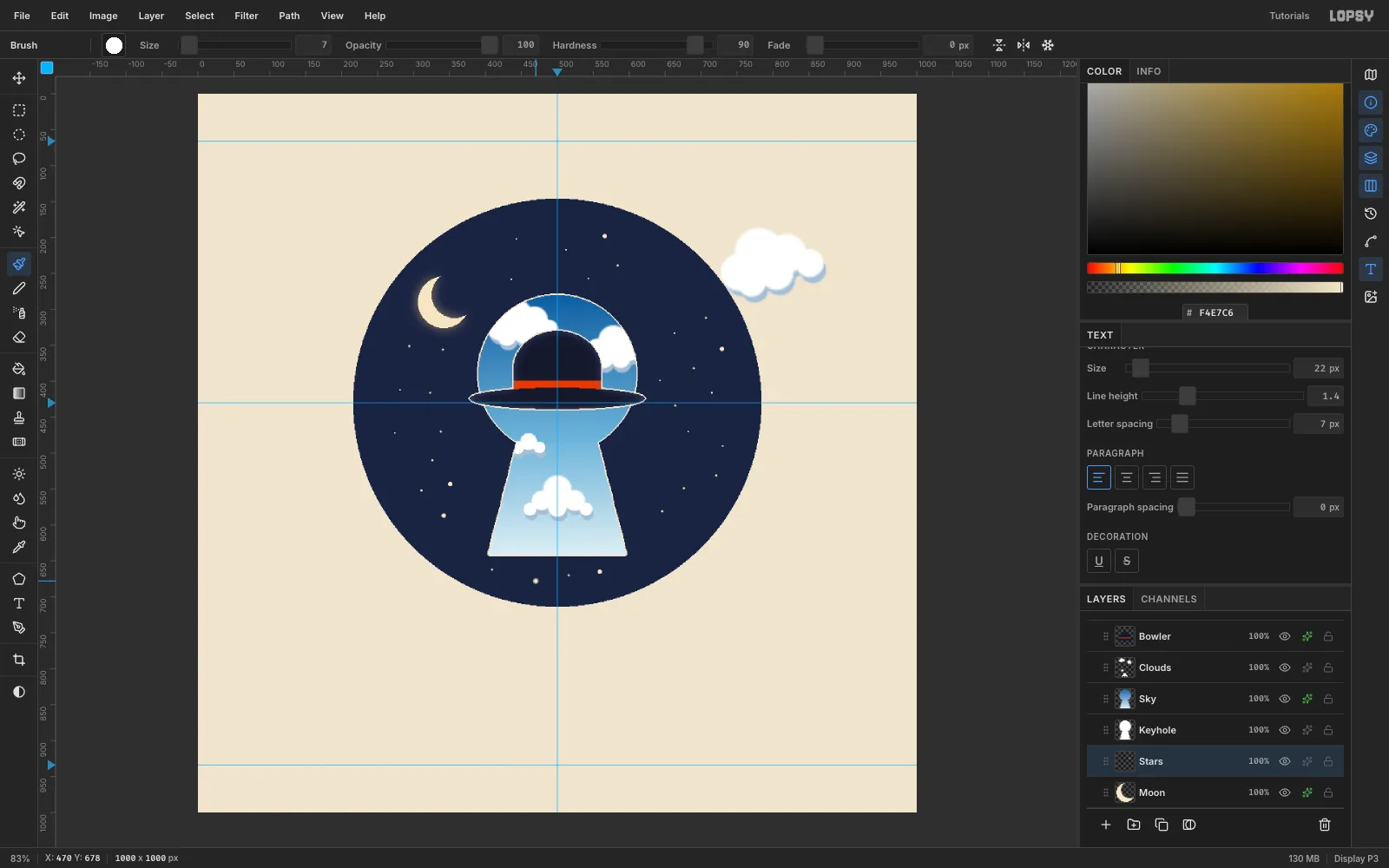A cream crescent moon with a warm glow in the upper left of the disc and small cream stars scattered across the navy