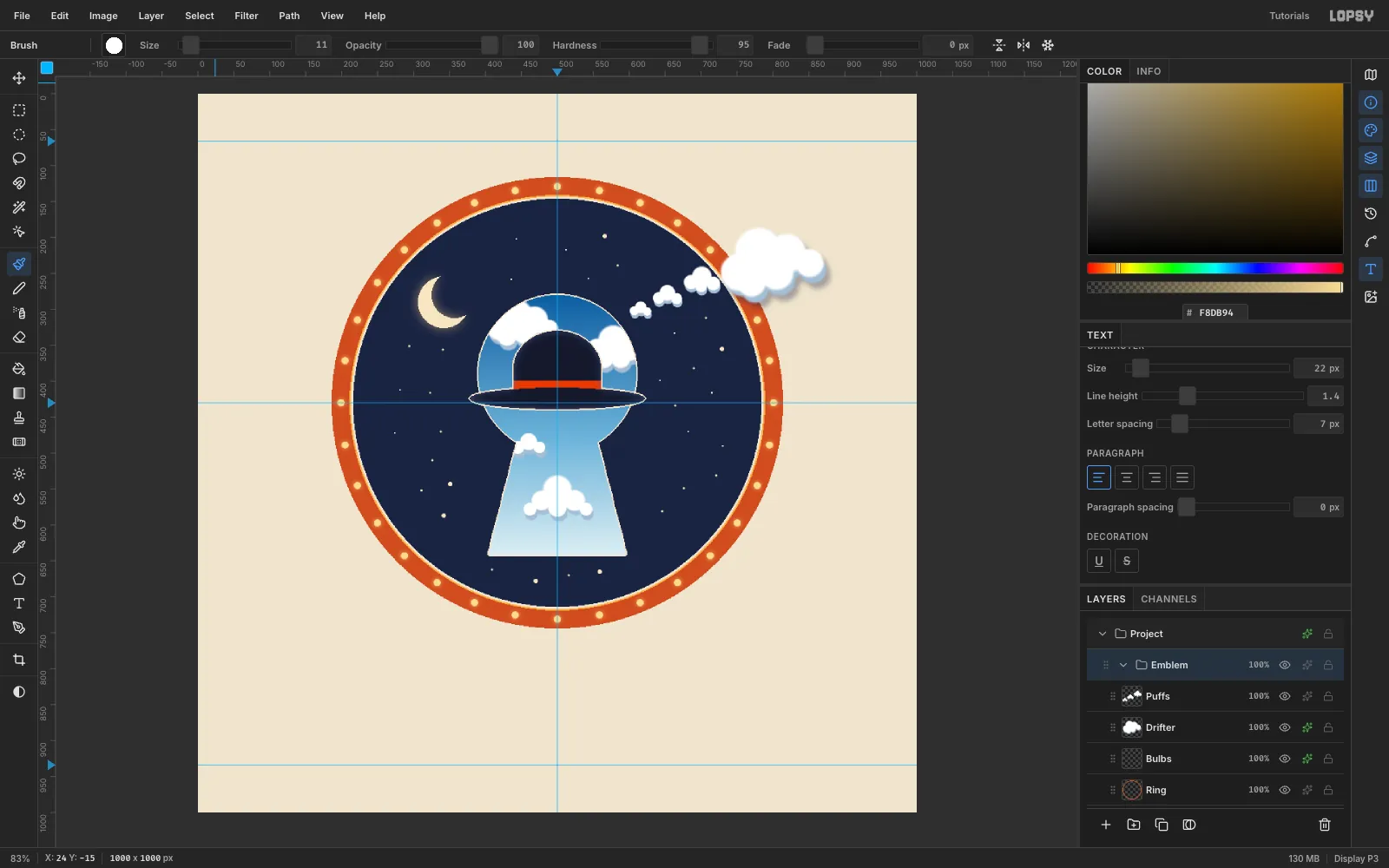 The Layers panel showing a new Emblem group containing Ink Disc, Moon, Stars, Sky, Clouds, Bowler, Ring, Bulbs, Drifter and Puffs