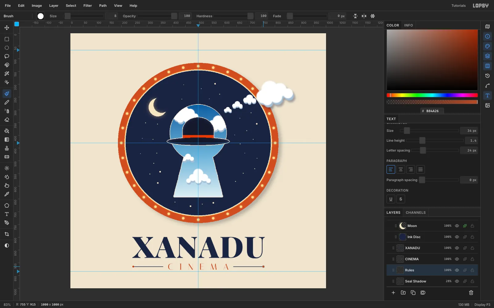 XANADU in heavy navy serif capitals centered under the badge, with CINEMA in thin letterspaced terracotta capitals between two navy rules with red dots