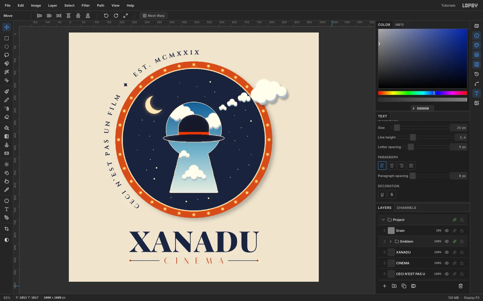 The finished Xanadu Cinema logo in Lopsy, with the keyhole sky, floating bowler hat, escaping cloud trail, marquee bulbs, curved seal text and wordmark