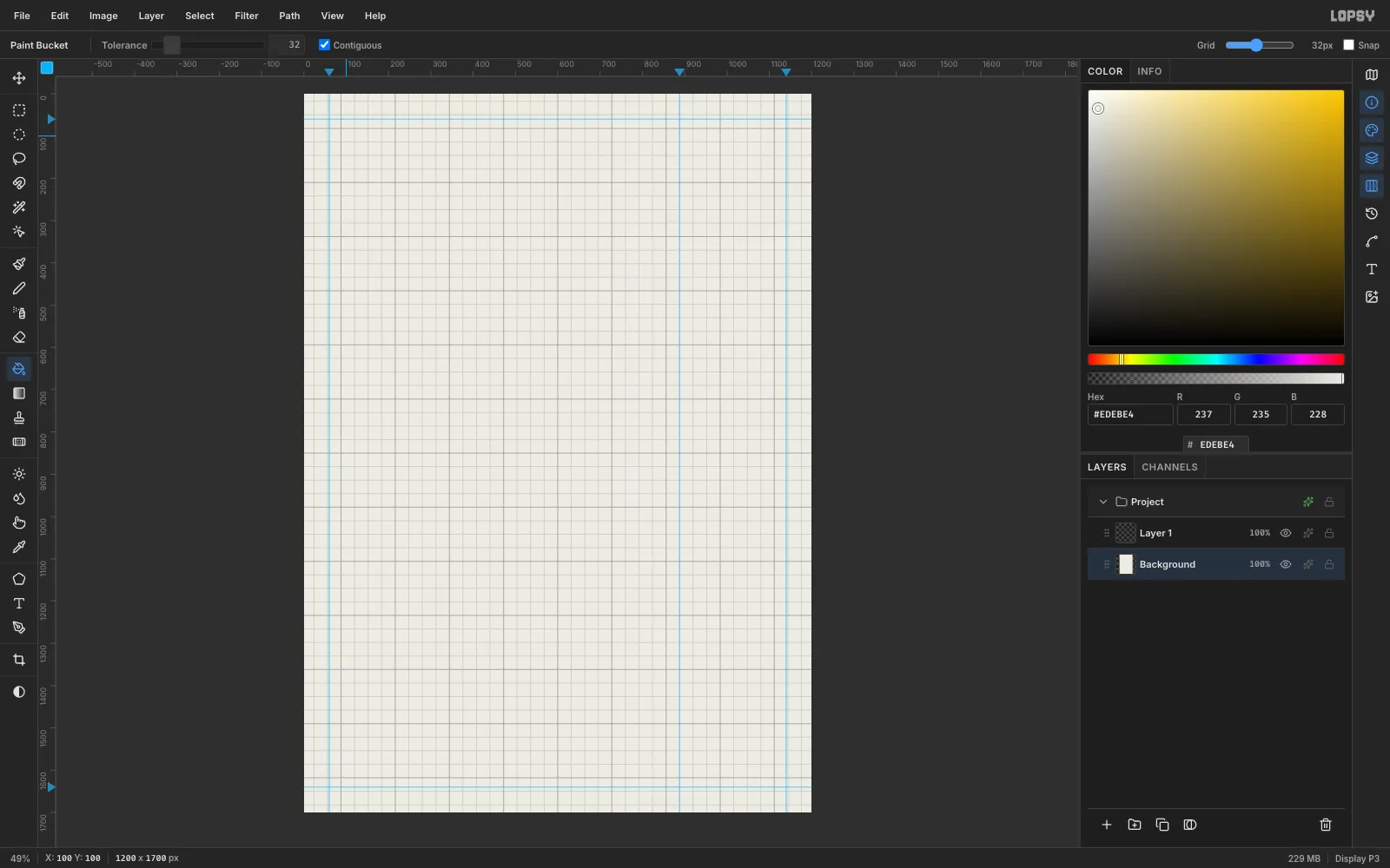 A 1200 by 1700 paper-coloured canvas with a 32 pixel grid and blue guides at the margins and at x 888