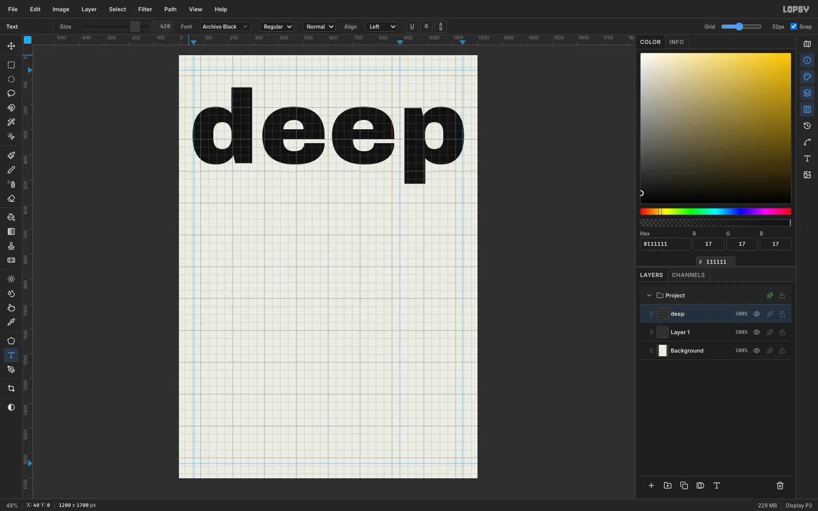 The word deep set huge in black Archivo Black across the top of the canvas