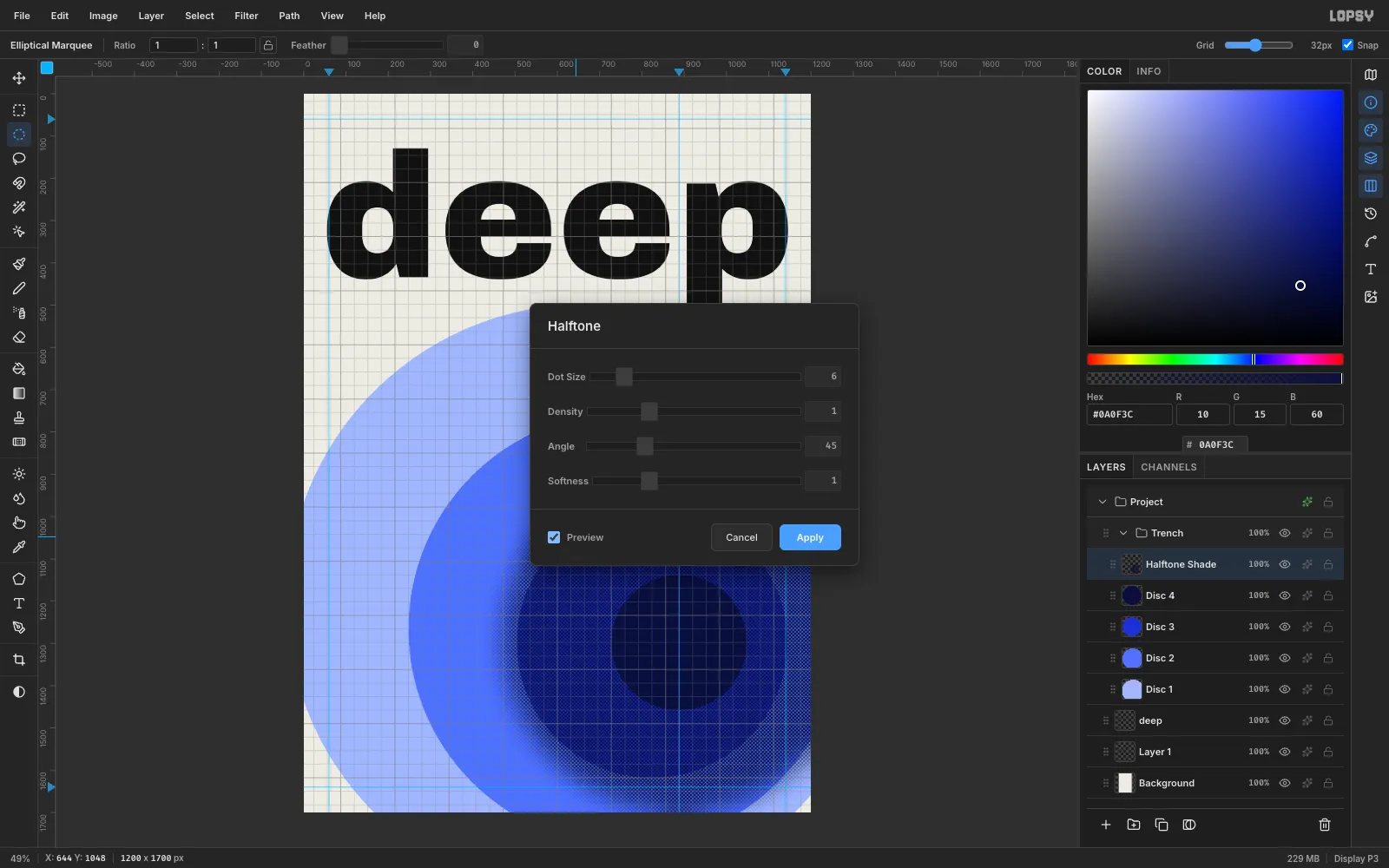 The Halftone filter dialog with Dot Size 6 and a live preview of fine dots on the canvas